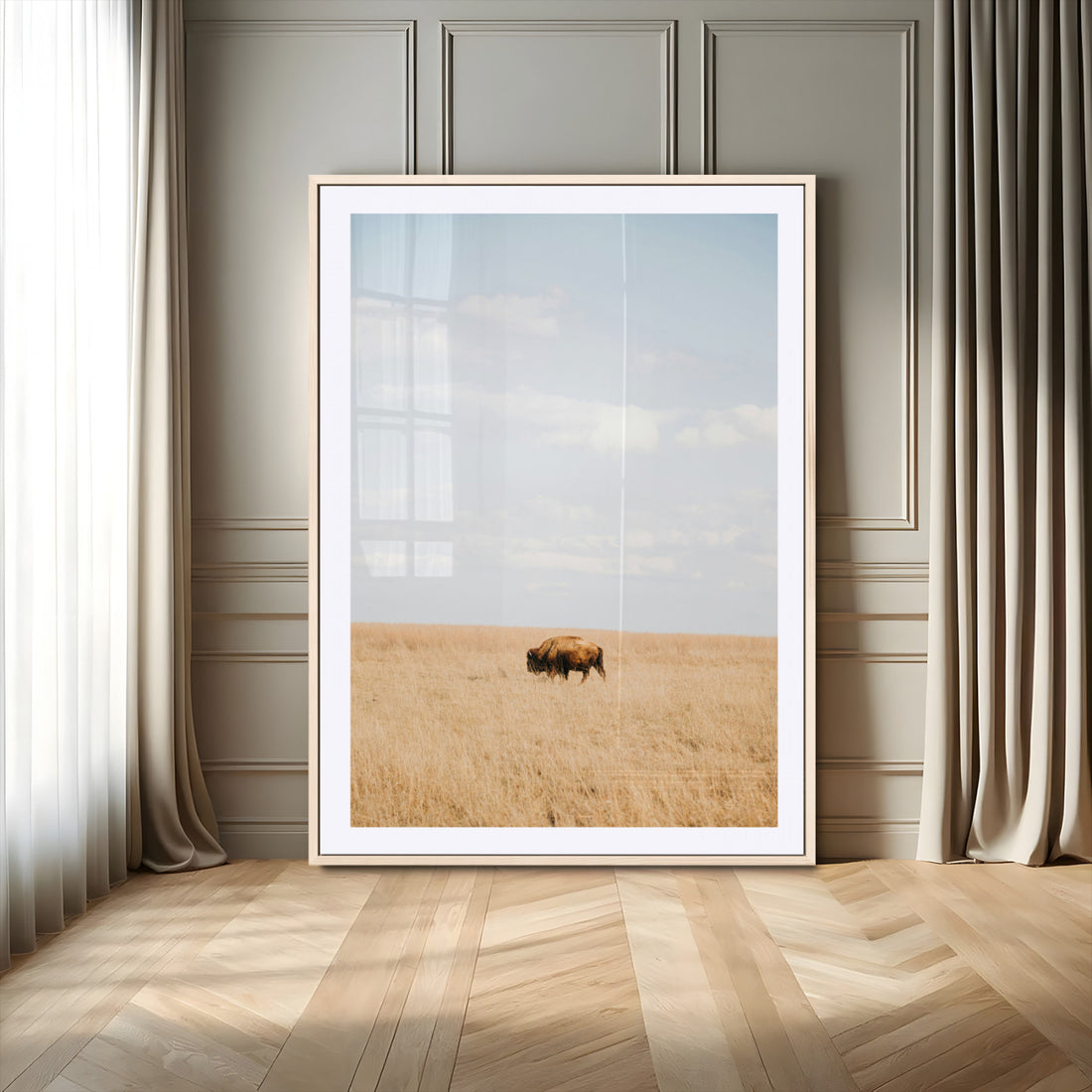 Minimalist Nature Wall Art Canvas Print, Framed Bison in Grassland Art, Open Field Modern Ranch Decor