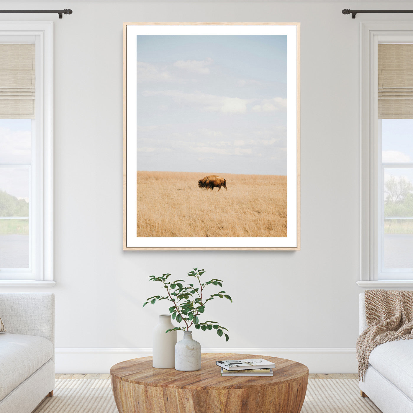 Minimalist Nature Wall Art Canvas Print, Framed Bison In Grassland Art Print, Open Field Perfect Modern Ranch Decor Decor Artwork