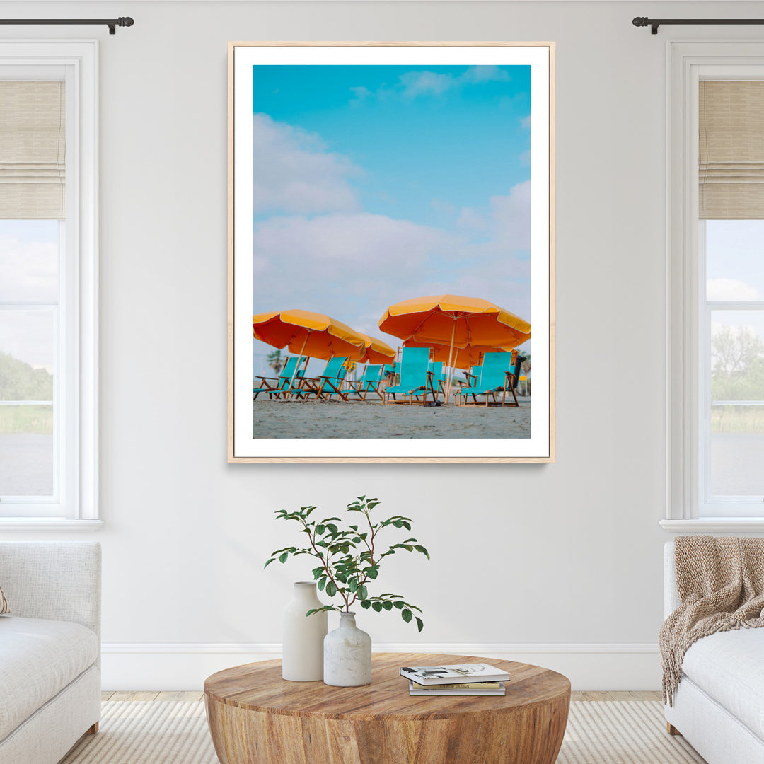 Beach Umbrellas Wall Art Canvas Print, Framed Coastal Vibes Art Picture Print, Tropical Paradise Perfect Coastal Boho Decor Artwork