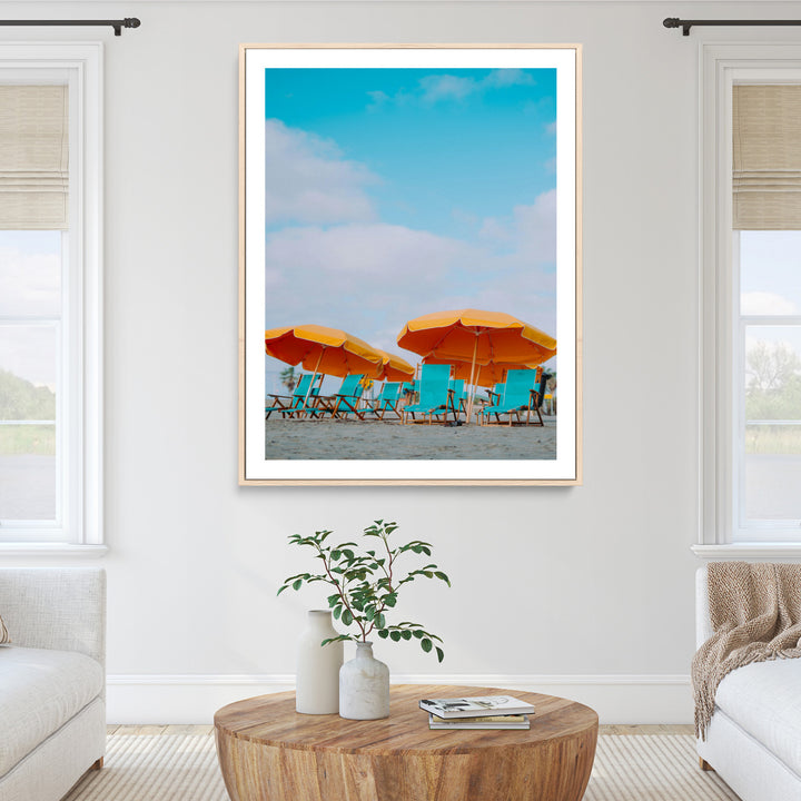 Beach Umbrellas Wall Art Canvas Print, Framed Coastal Vibes Art Picture Print, Tropical Paradise Perfect Coastal Boho Decor Artwork