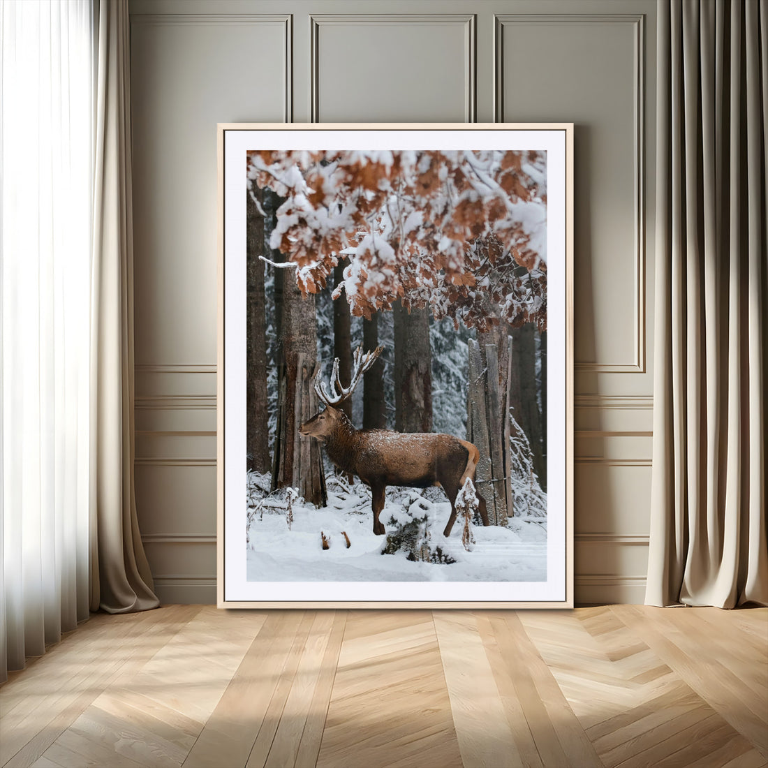 Serene Landscape Wall Art Canvas Print, Framed Winter Wonderland Deer Art, Rustic Cabin Decor