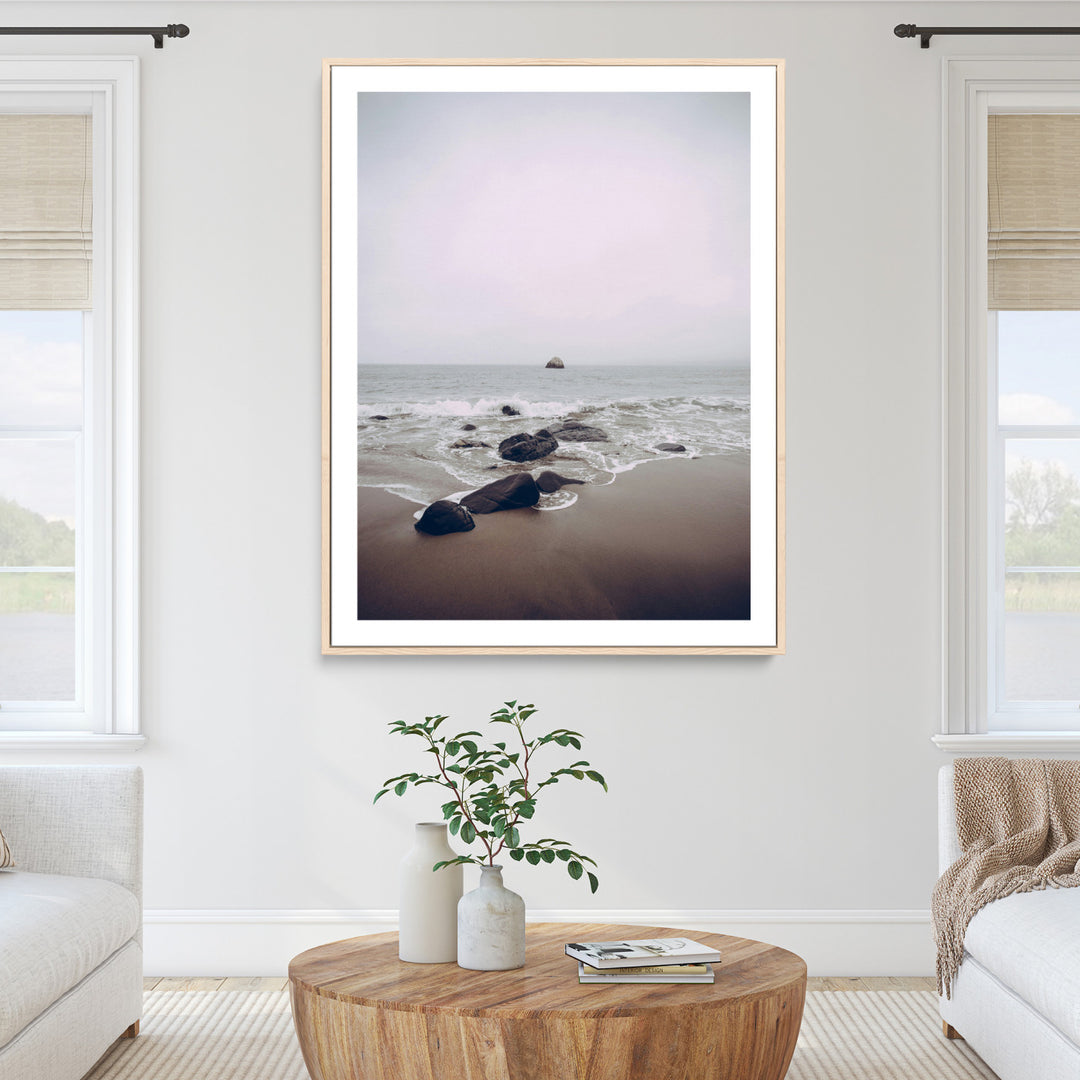 Moody Seascape Wall Art Canvas Print, Framed Neutral Beach Art Picture Print, Foggy Ocean Perfect Minimalist Decor Artwork