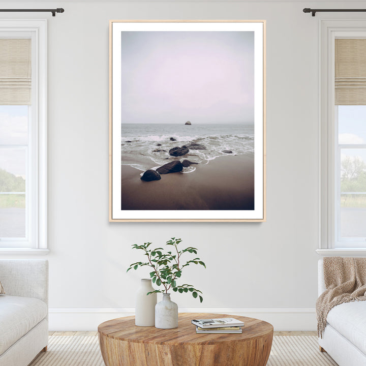 Moody Seascape Wall Art Canvas Print, Framed Neutral Beach Art Picture Print, Foggy Ocean Perfect Minimalist Decor Artwork