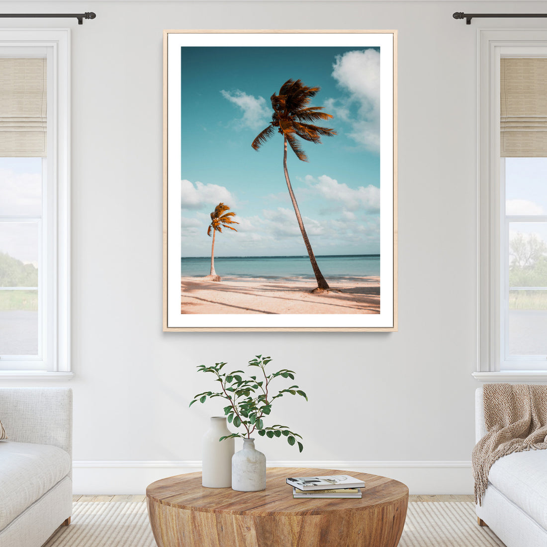 Tropical Beach Wall Art Canvas Print, Framed Coastal Palm Trees Serene Ocean View