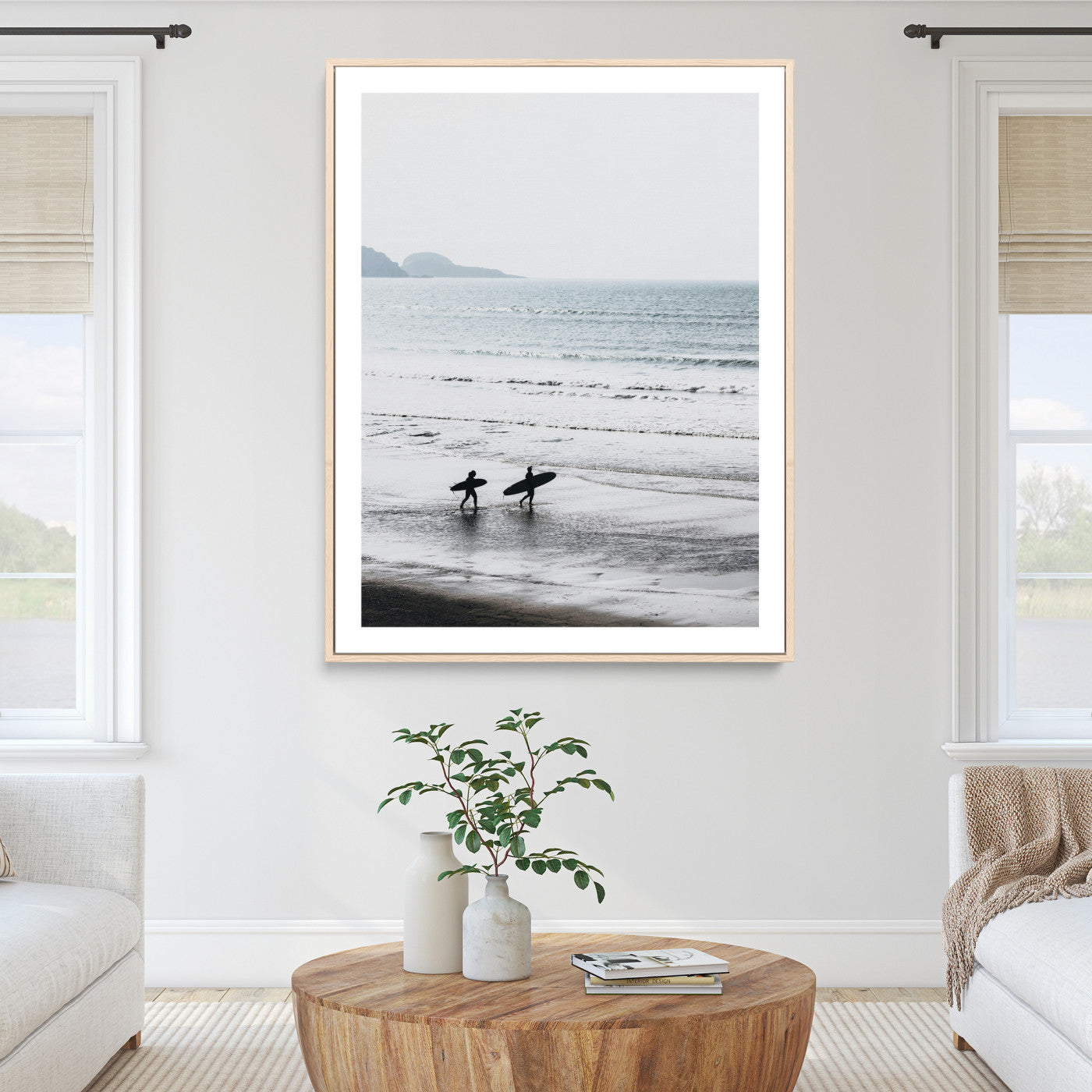 Surfer Silhouettes Wall Art Canvas Print, Framed Minimalist Ocean Art Picture Print