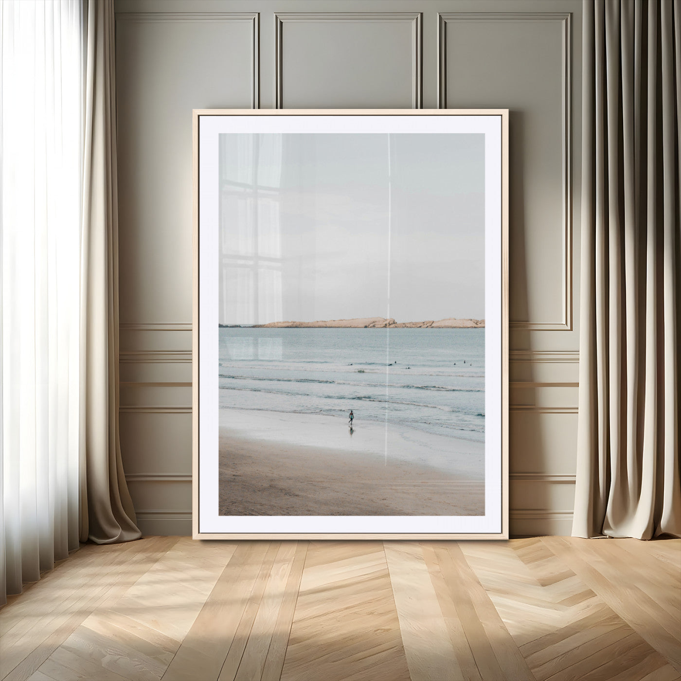 MGC-FP-24x36 - Minimalist Beach Wall Art Canvas Print, Framed Soft Blue Tones Art Picture Print, Tranquil Ocean Perfect Coastal Minimalist Decor Artwork