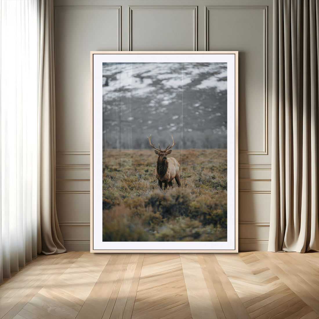 Wild Elk Wall Art Canvas Print, Framed Mountain Wilderness Majestic Animal Artwork