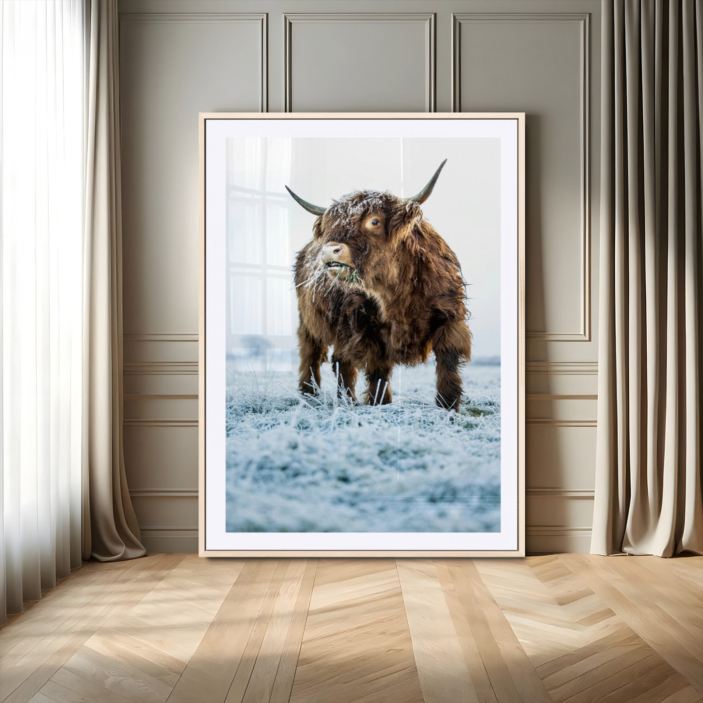 MGC-FP-24x36 - Minimalist Scottish Highlang Cow Wall Art Canvas Print for Farmhouse / County Style Art Print for