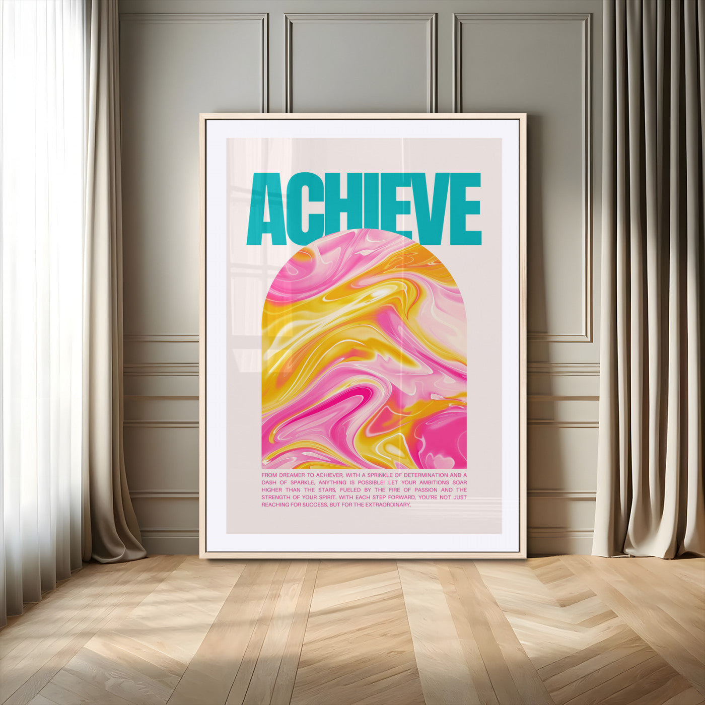 MGC-FP-24x36 - Achieve Motivational Poster Canvas Wall Art – Inspirational Abstract Pink & Yellow Swirls, Positive Quote Decor for Office, Home