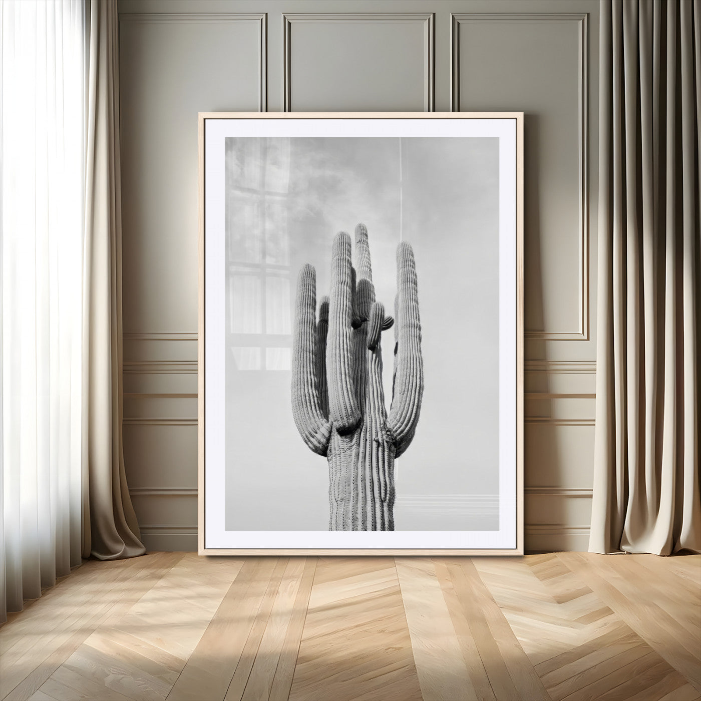 MGC-FP-24x36 - Saguaro Cactus Wall Art – Black and White Desert Landscape Canvas Print, Modern Minimalist Nature Decor for Home, Office, Living Room