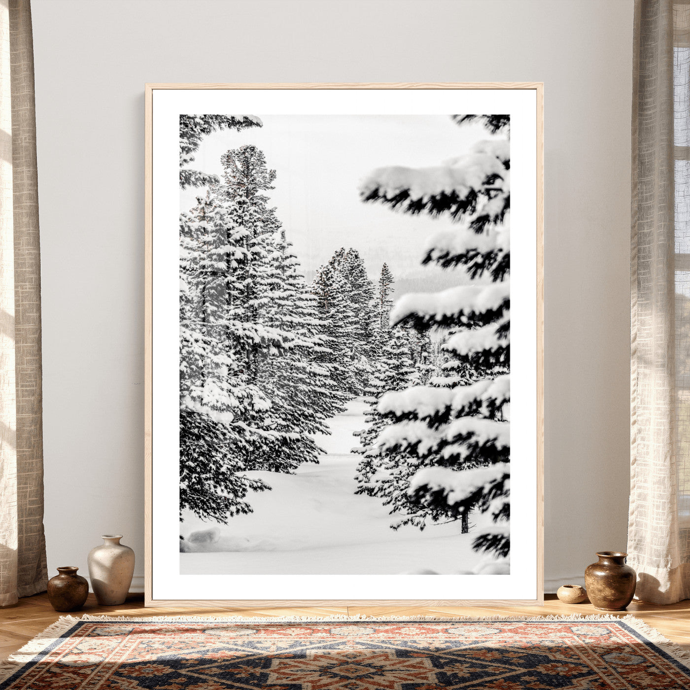42534505-MGV-CV-24X36 - Snowy Pine Forest Wall Art Canvas Print, Minimal Winter Woodland Landscape, Black and White Nature Artwork