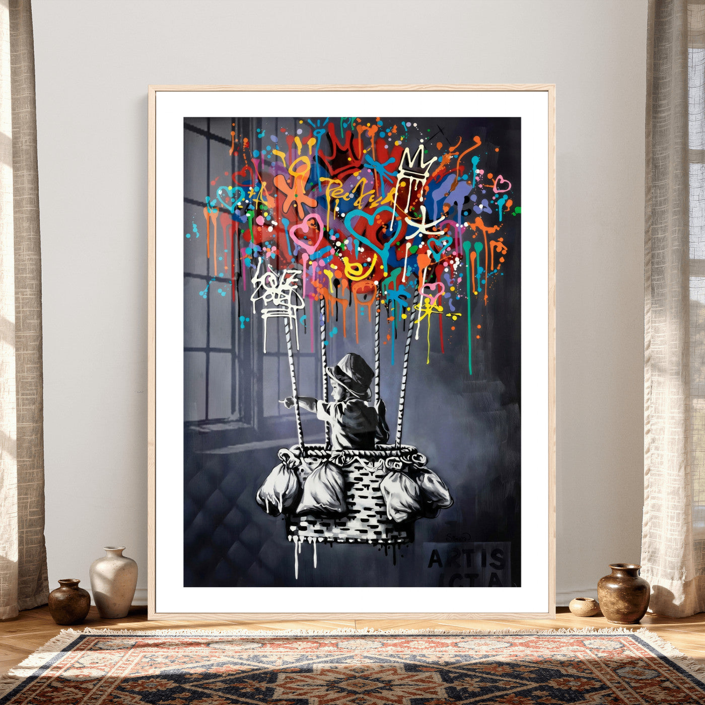 87352999-MGV-CV-24X36 - Banksy Inspired Boy Swing Wall Art Canvas Print, Graffiti Balloon Hearts Street Art, Colorful Urban Mural Artwork for Modern Living Room Decor