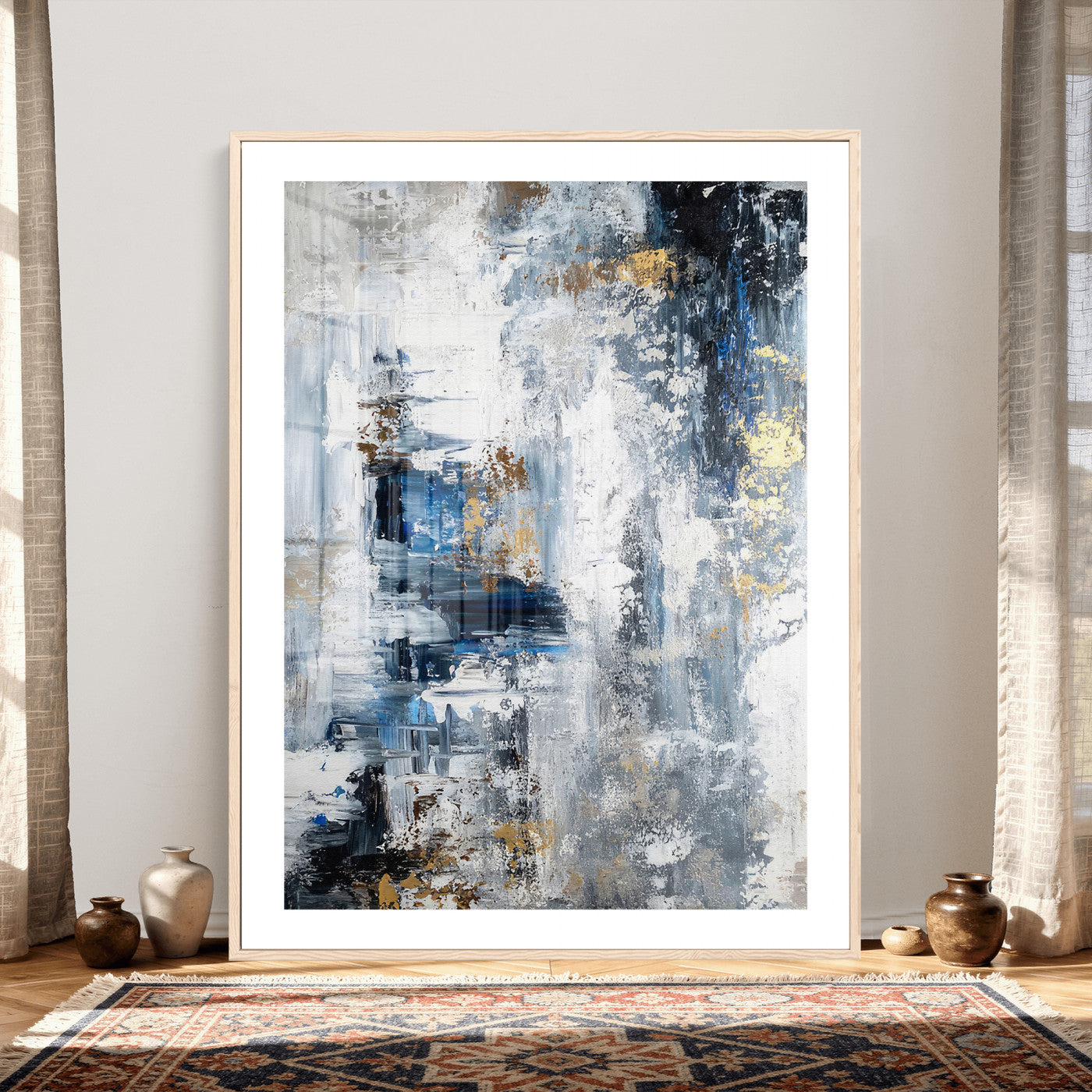 3962948988-MGV-CV-24X36 - Blue Abstract Wall Art Canvas Print, Gold Black Modern Architecture Canvas Print, Contemporary Moody City Artwork for Living Room Decor