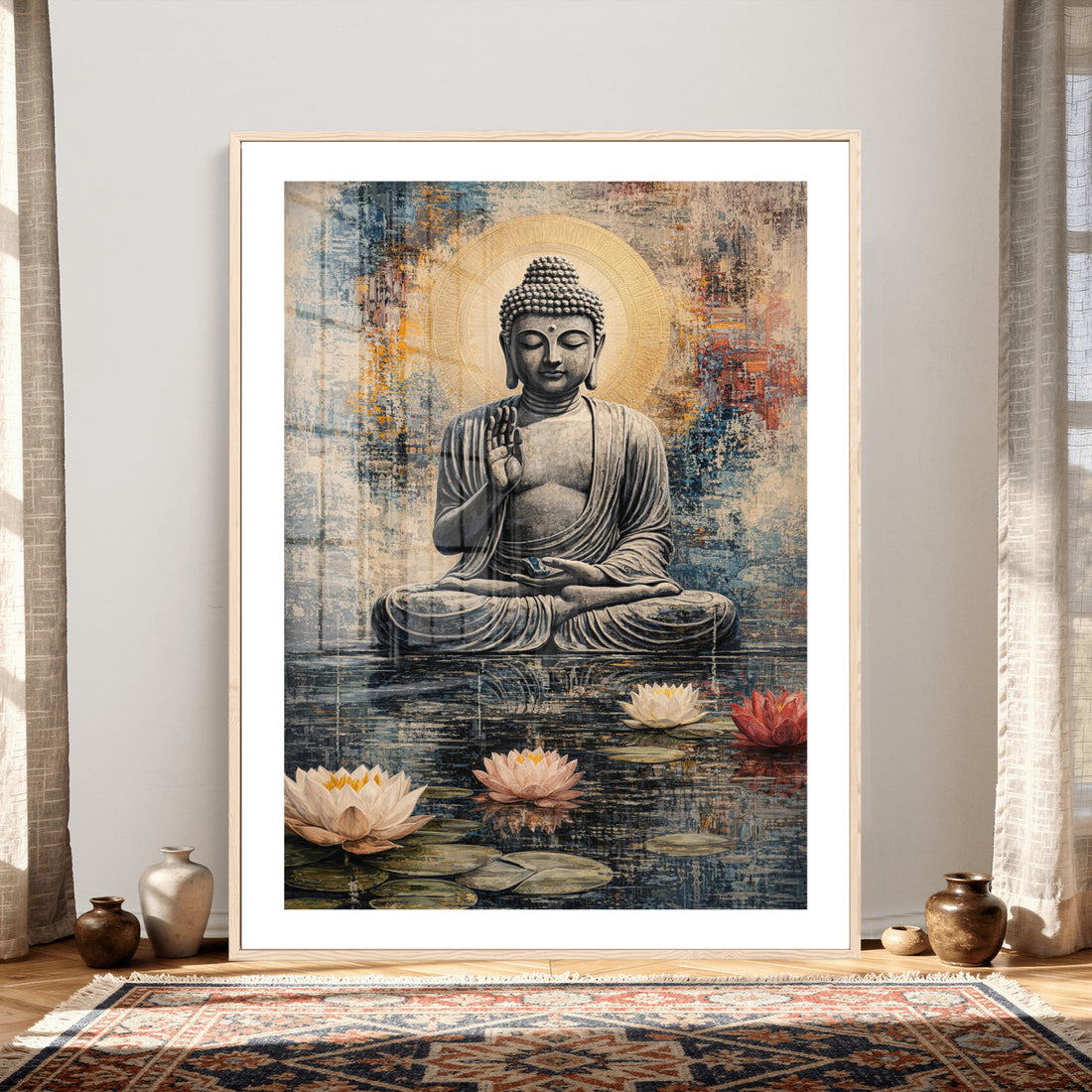 Serene Buddha with Lotus Flowers | Tranquil Meditation Art | Zen Wall Decor