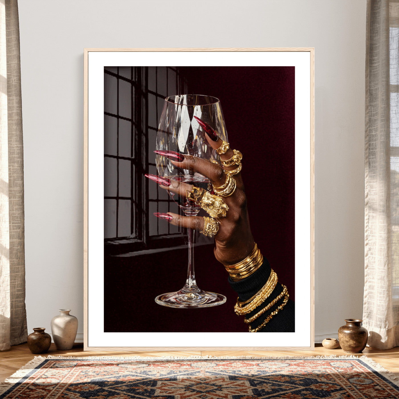8151788Y6-MGV-CV-24X36 - Black Woman Holding Elegant Wine Glass Art, Black Girl Art, Black Woman Art, Trendy Black Girl Wall Art