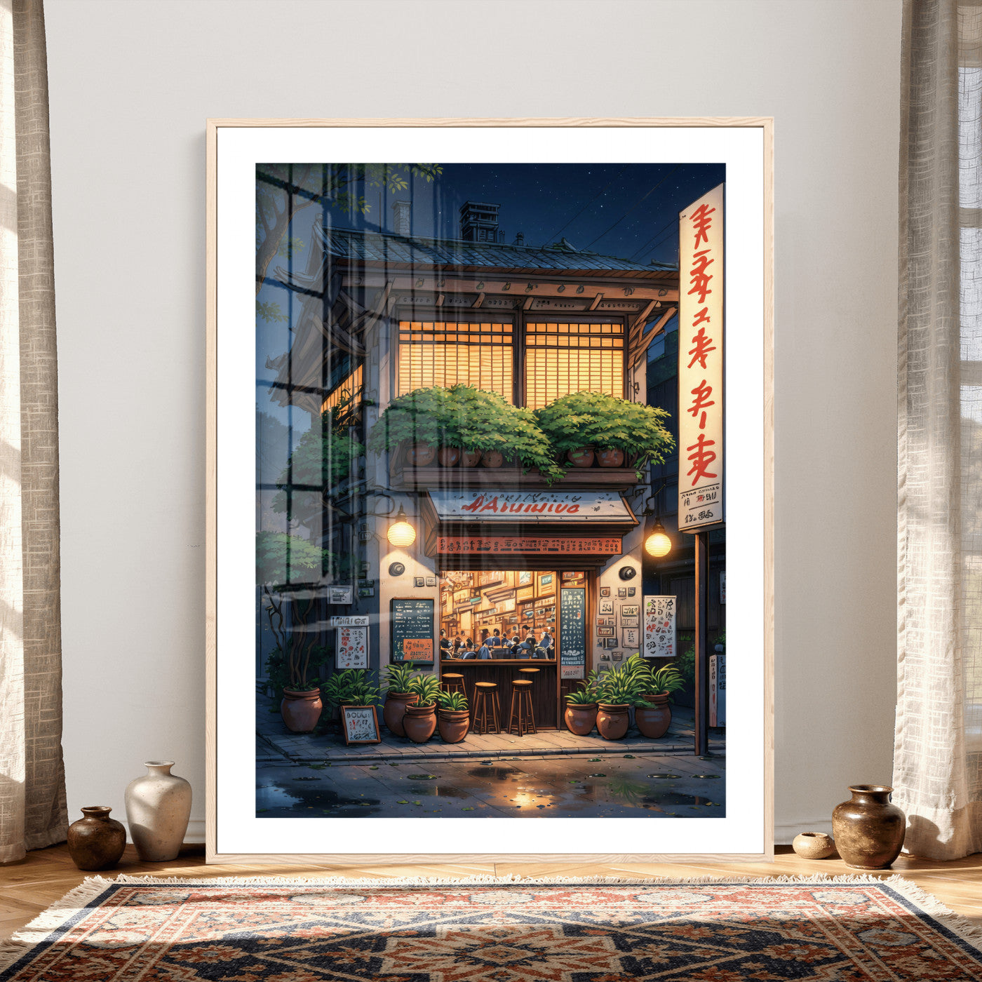 4712069TE1-MGV-CV-24X36 - Evening at the Ramen Shop Canvas Wall Art — Japan Night Anime Print | Japanese Restaurant Decor | Lofi Wall Art | Ramen Lover Gift