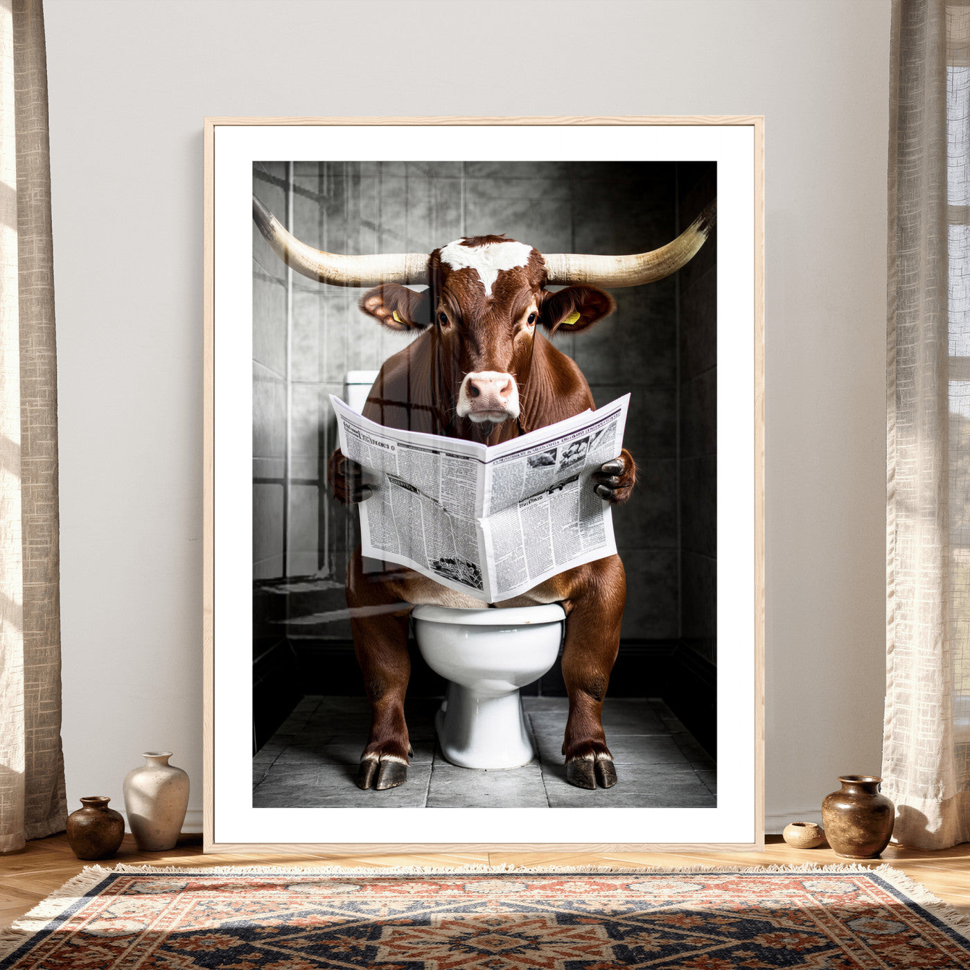 69808726-MGV-CV-24X36 - Texas Longhorn Cow Toilet Paper Canvas Wall Art, Funny Bathroom Black White Print, Cute Animal Humor Decor, Quirky Farmhouse Bathroom Art, Cow Lover Gift
