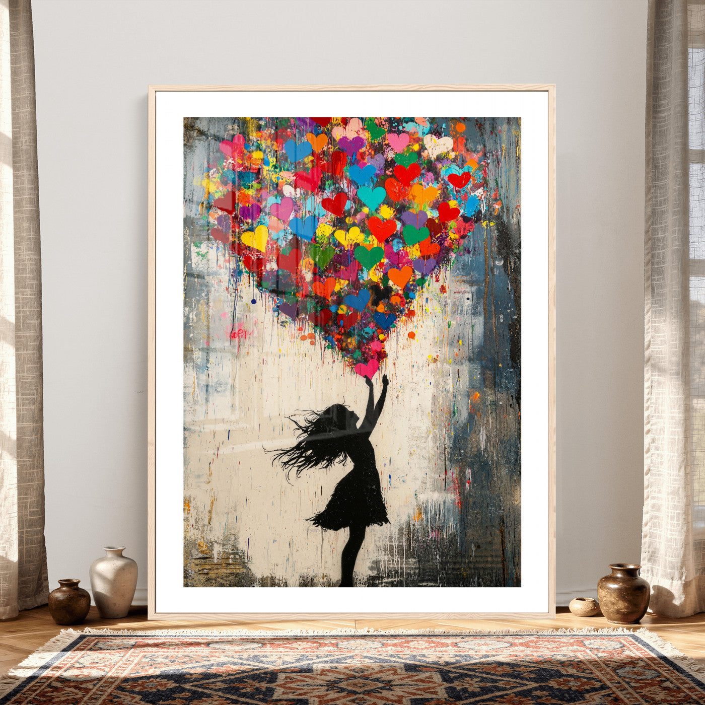 36253538-MGV-CV-24X36 - Banksy Street Art Canvas Wall Art, Girl Heart Balloons Banksy Style Print, Colorful Graffiti Love Decor, Urban Pop Art, Kids Room Inspirational Wall Art