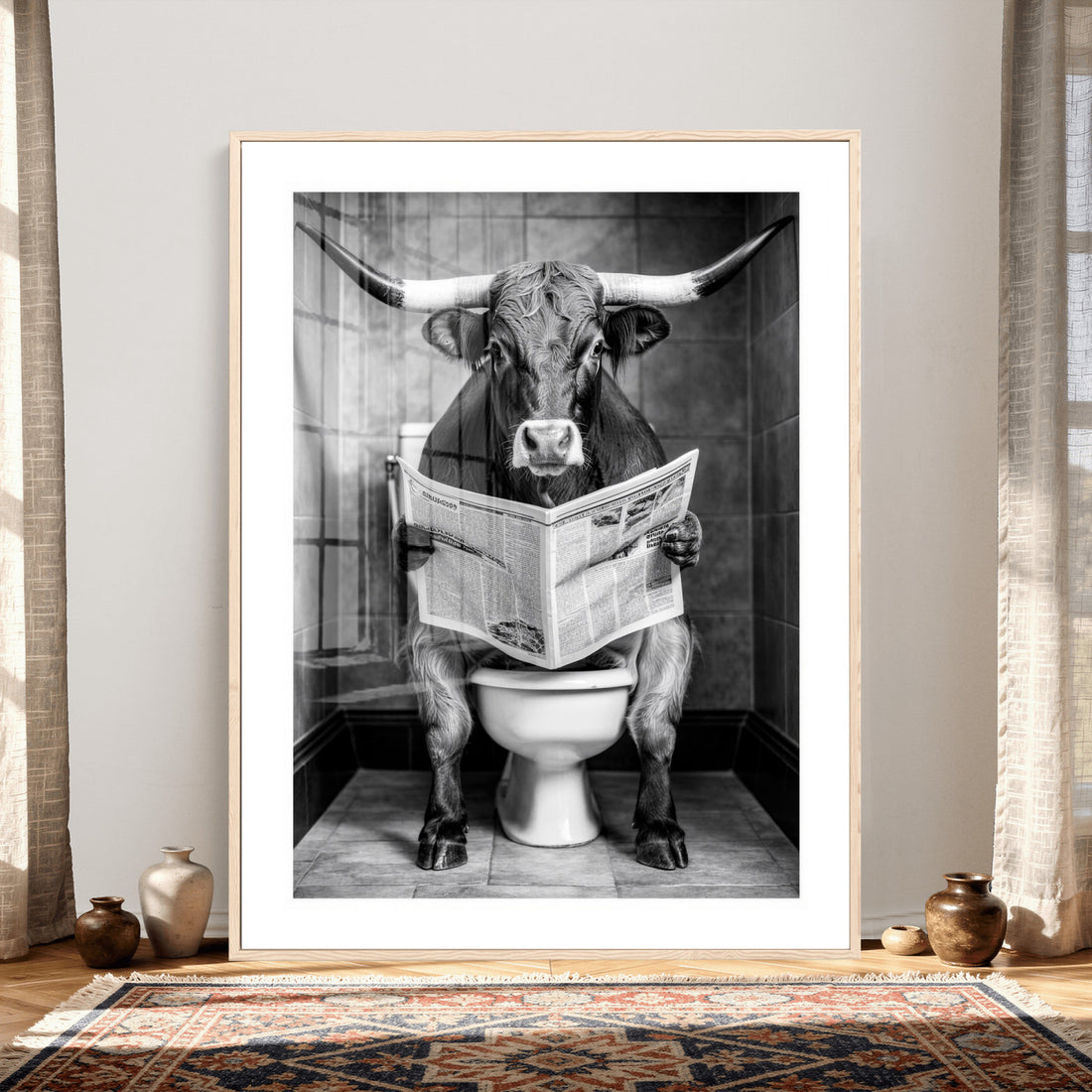 Texas Longhorn Cow Toilet Paper Canvas Wall Art, Funny Bathroom Decor