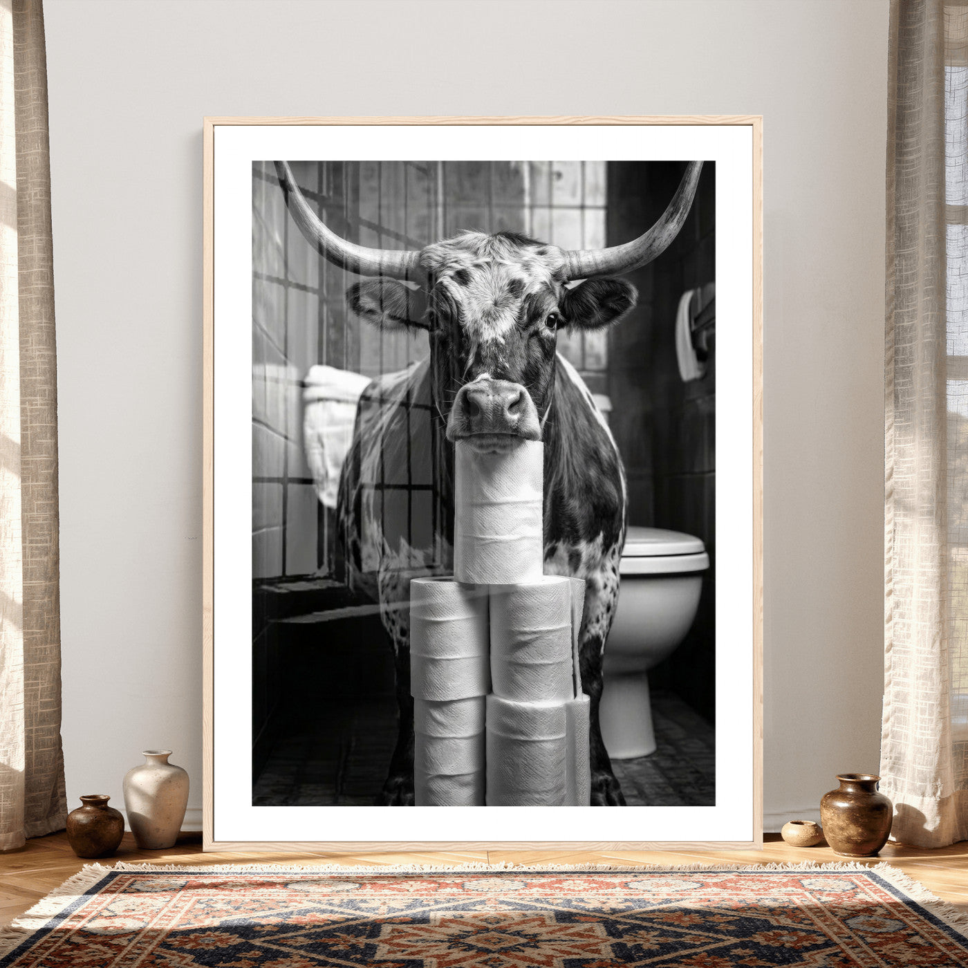 79259956-MGV-CV-24X36 - Texas Longhorn Cow Toilet Paper Canvas Wall Art, Funny Bathroom Black White Print, Cute Animal Humor Decor, Quirky Farmhouse Bathroom Art, Cow Lover Gift