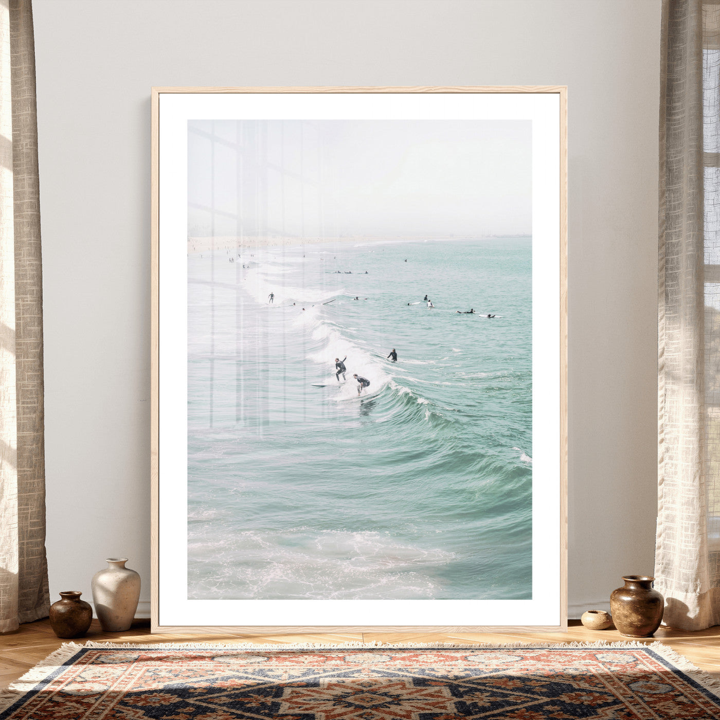 58043762-MGV-CV-24X36 - Surfers on Waves Canvas Wall Art, Aerial Ocean Photography Print, Mint Green Surf Decor, California Beach House Art, Coastal Sports Wall Decor