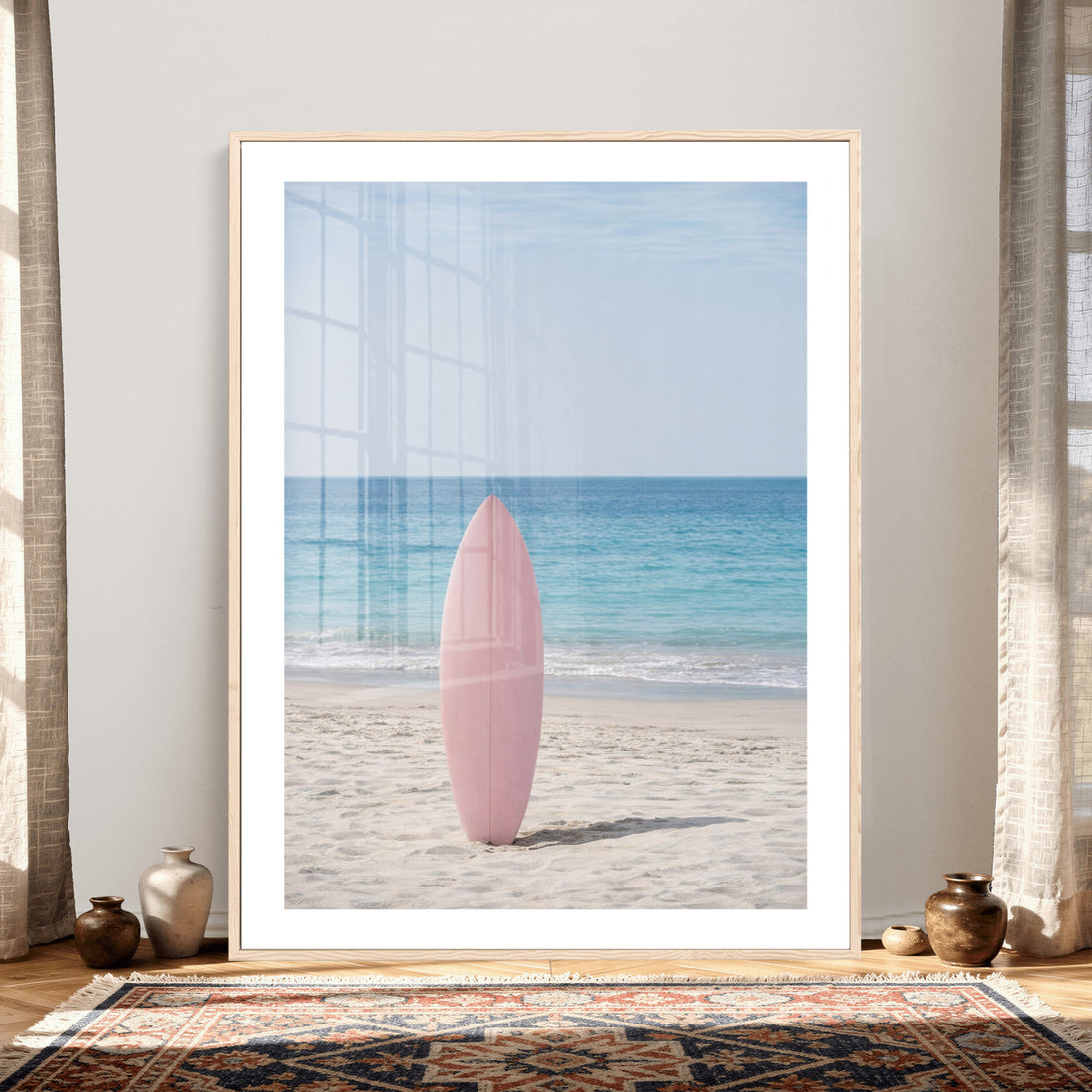 Pink Surfboard Canvas Wall Art, Minimalist Beach Photography