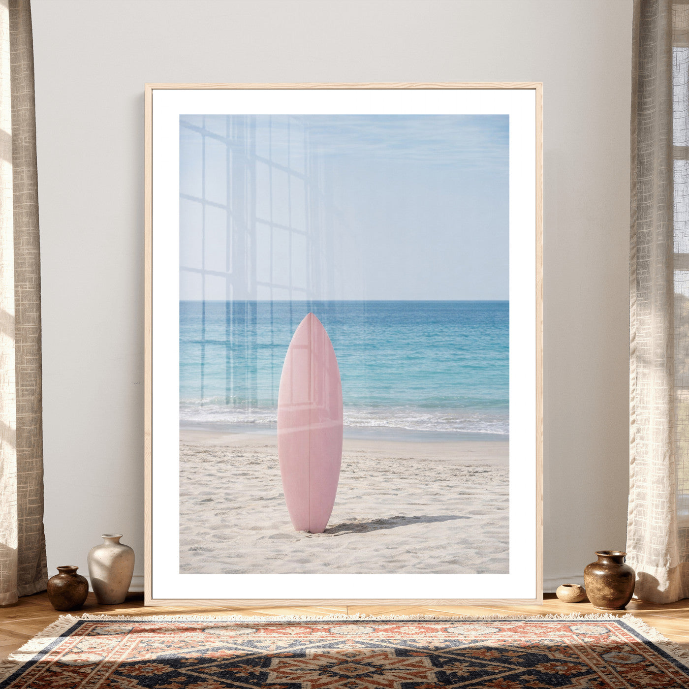 17265103-MGV-CV-24X36 - Pink Surfboard Canvas Wall Art, Minimalist Beach Photography Print, Pastel Ocean Coastal Decor, Girl Beach Room Art, Aesthetic Summer Wall Print