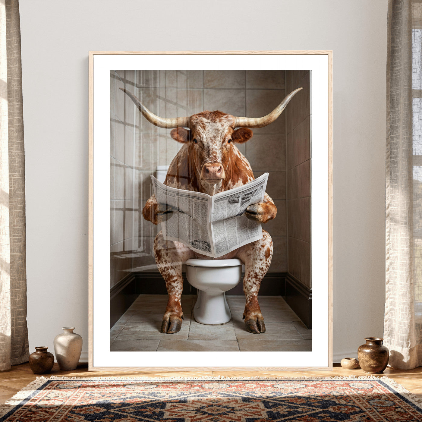 17728527-MGV-CV-24X36 - Funny Bathroom Canvas Wall Art, Texas Longhorn on Toilet Reading Newspaper, Humor Animal Print, Farmhouse Bathroom Decor, Quirky Cow Gift, Toilet Room Art