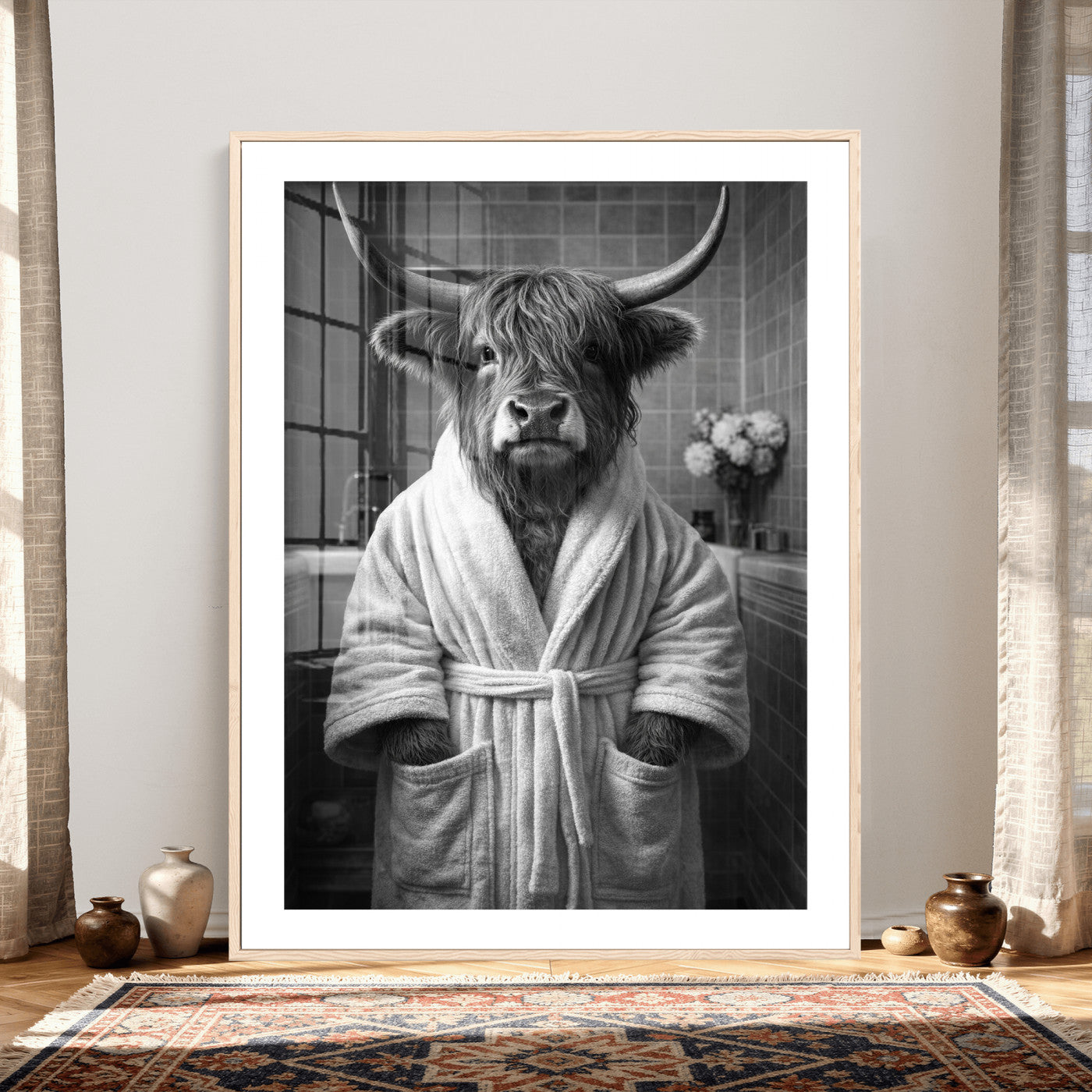 98453723-MGV-CV-24X36 - Funny Bathroom Wall Art Canvas Print, Highland Cow in Bathrobe, Black and White Humor Decor, Animal Bathroom Print, Farmhouse Bathroom Art
