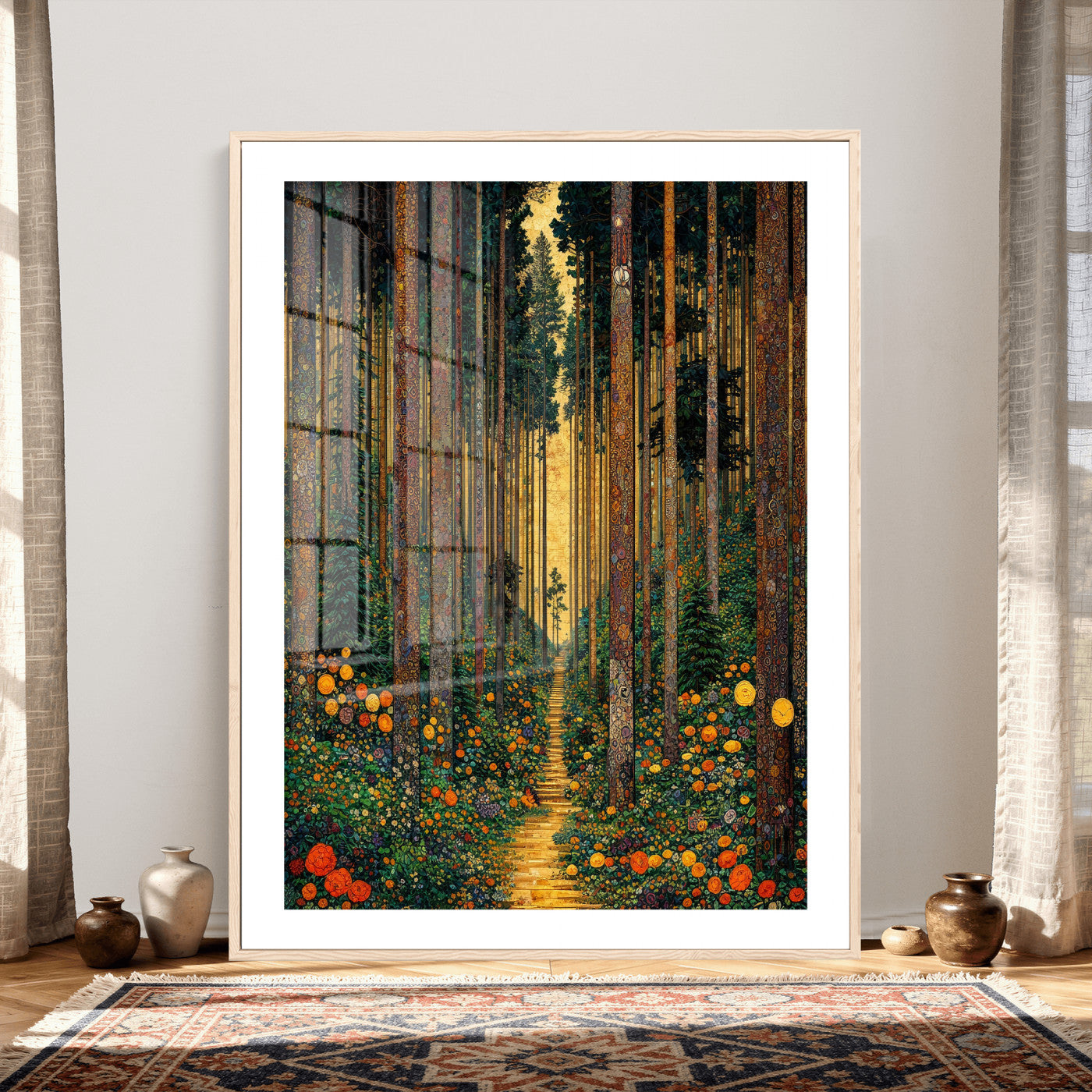 14391546-MGV-CV-24X36 - Gustav Klimt Style Forest Canvas Wall Art, Golden Forest Path Floral Art Nouveau Print, Enchanted Woodland Decor, Maximalist Colorful Nature Art