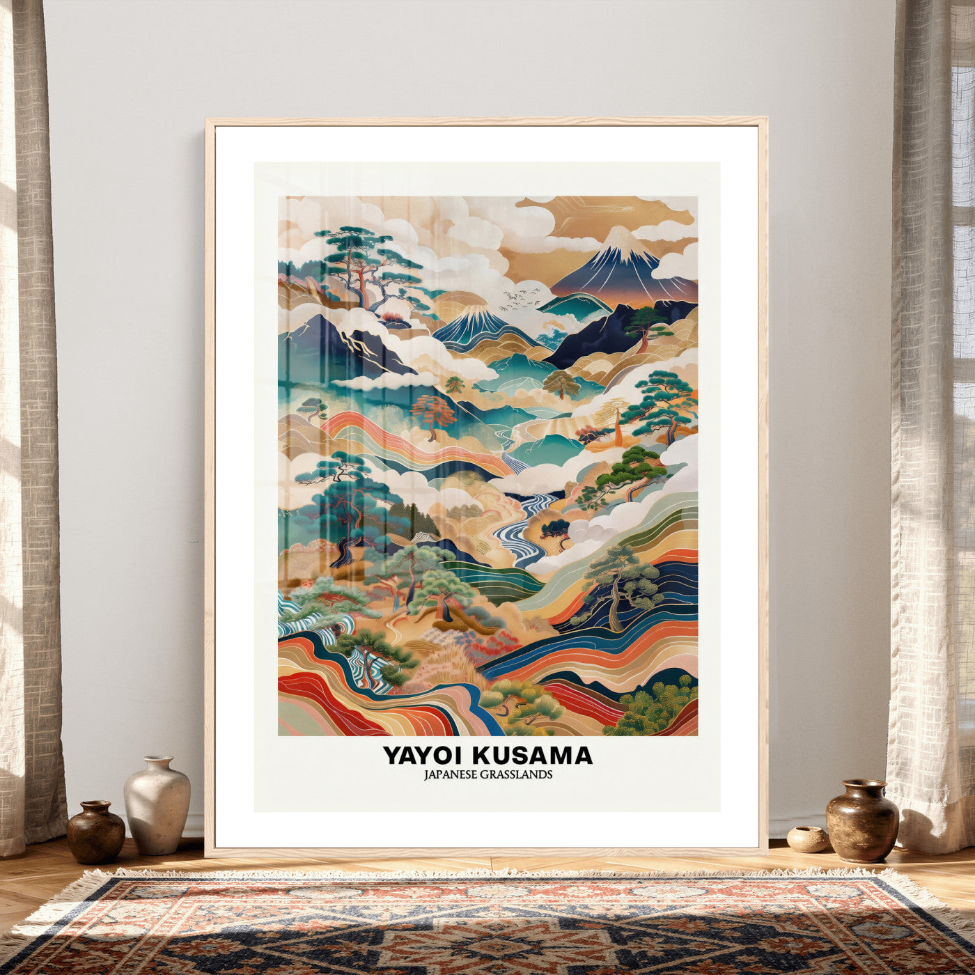 71553303-MGV-CV-24X36 - Yayoi Kusama Japanese Landscape Wall Art Canvas Print, Colorful Mountain and River Framed Artwork, Nature Inspired Asian Scenic Decor for Living Room Bedroom Office