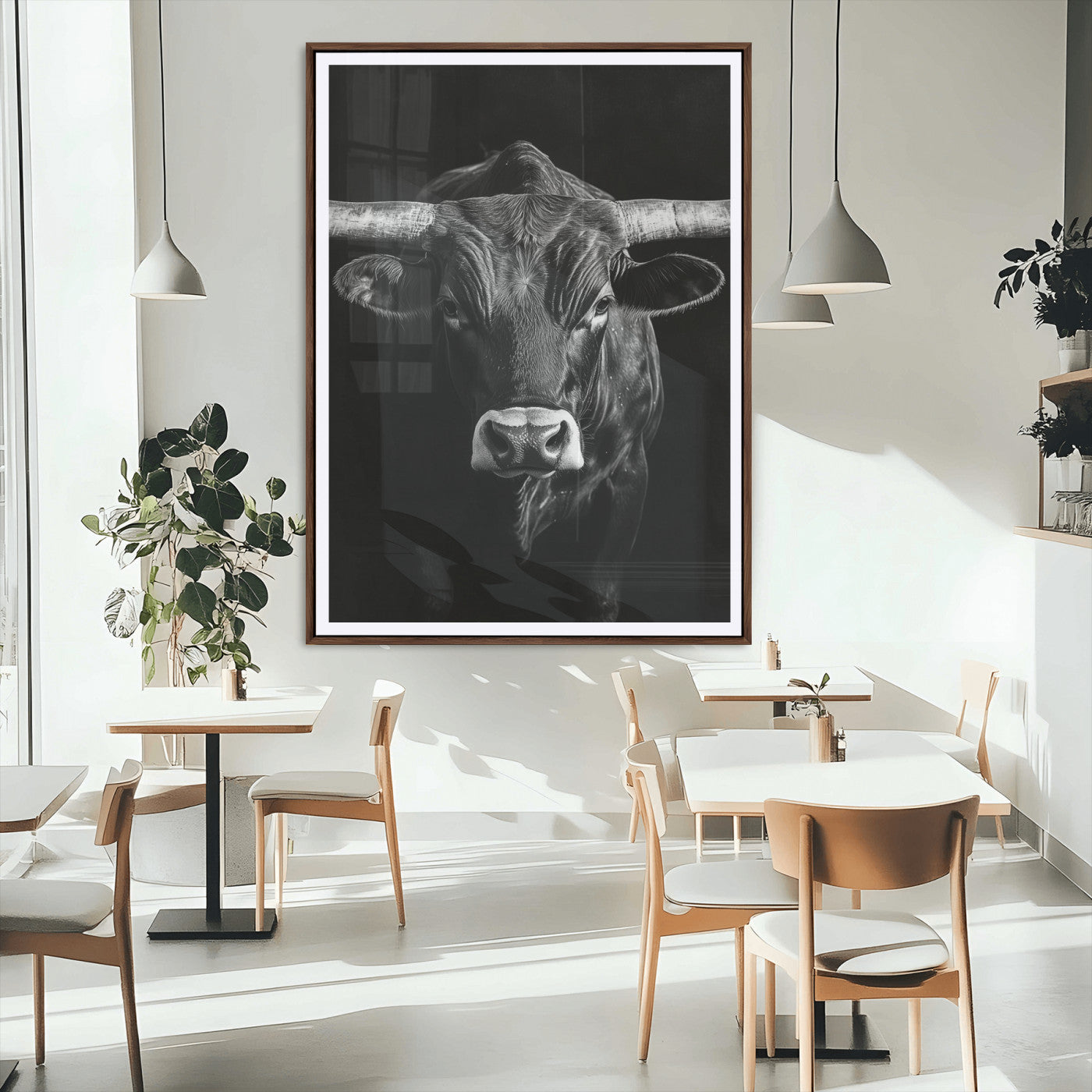 MGC-FP-24x36 - Texas Longhorn Wall Art Canvas Print, Framed Monochrome Bull Art Picture Print, Horned Bull Perfect Minimalist Western Decor Artwork