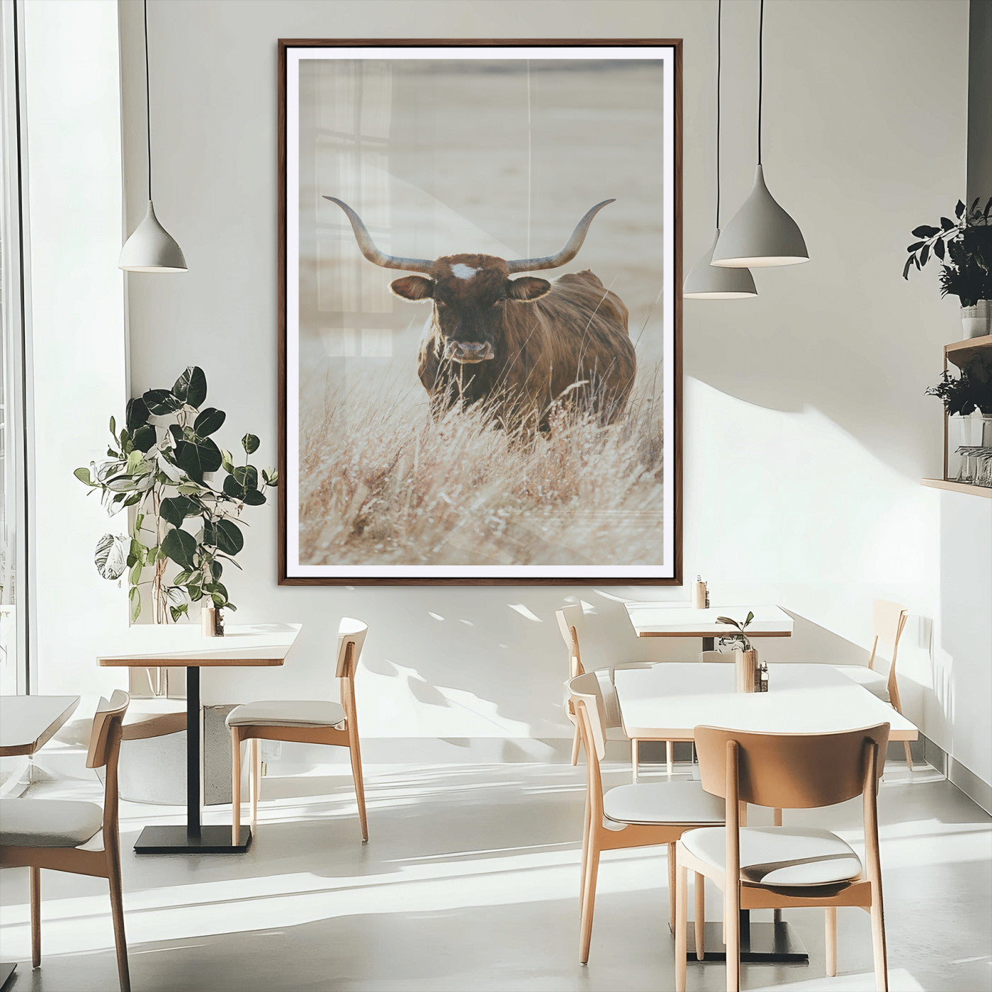 MGC-FP-24x36 - Texas Longhorn Wall Art Canvas Print, Framed Brown Cattle Art Picture Print, Horned Bull Perfect Rustic Western Decor Artwork