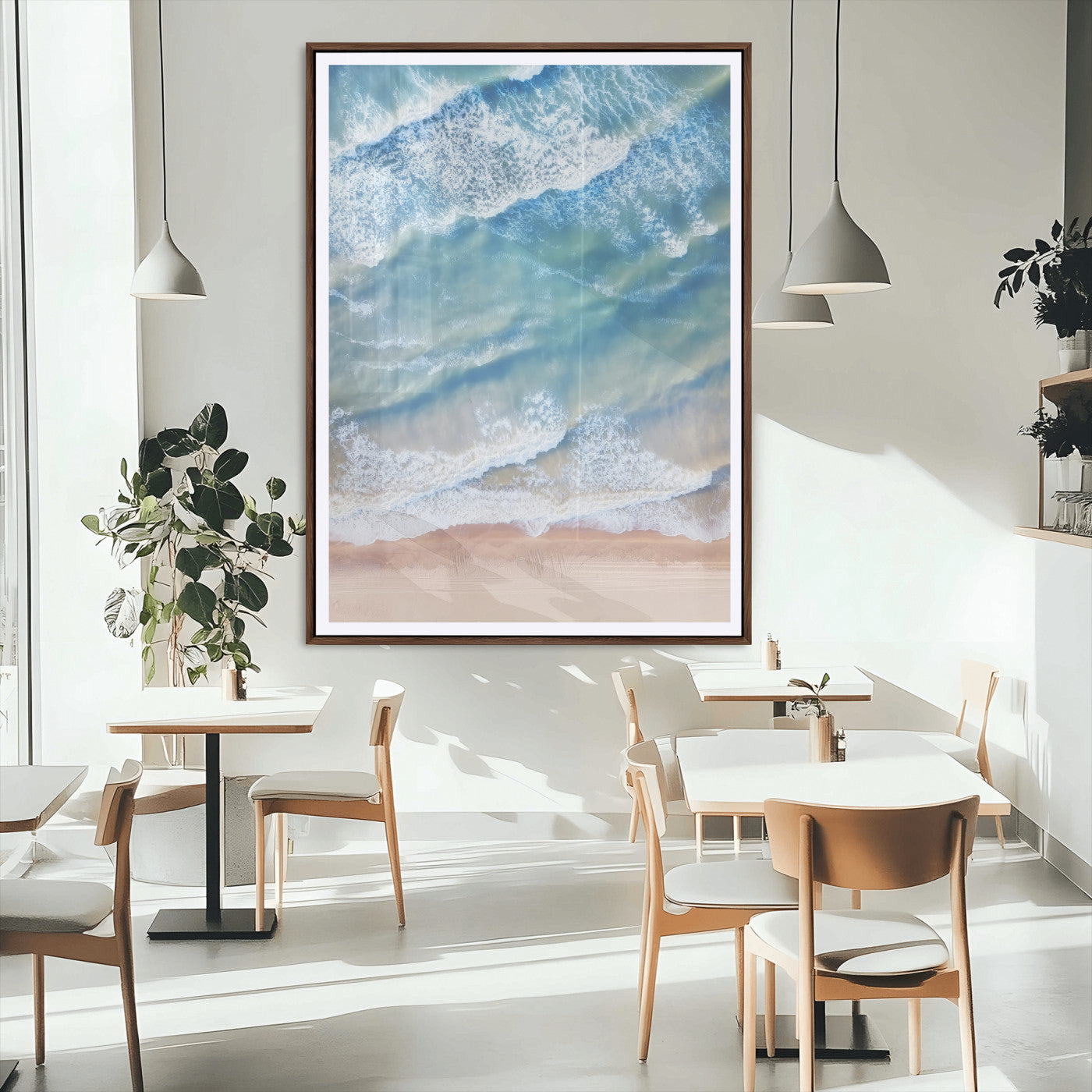 MGC-FP-24x36 - Aerial Ocean View Wall Art Canvas Print, Framed Soft Blue Waves Art Picture Print, Sandy Shoreline Perfect Modern Coastal Decor Artwork