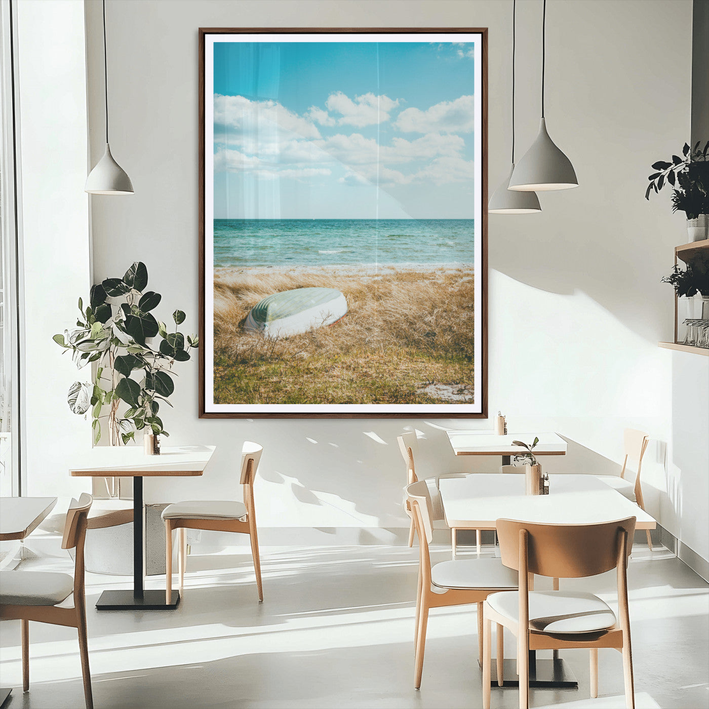 MGC-FP-24x36 - Coastal Serenity Wall Art Canvas Print, Framed Ocean View Art Picture Print, Rustic Boat Perfect Nautical Coastal Decor Artwork