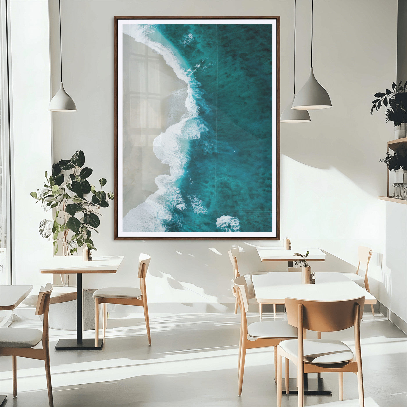 MGC-FP-24x36 - Aerial Ocean View Wall Art Canvas Print, Framed Coastal Serenity Art Picture Print, Turquoise Waves Perfect Modern Coastal Decor Artwork