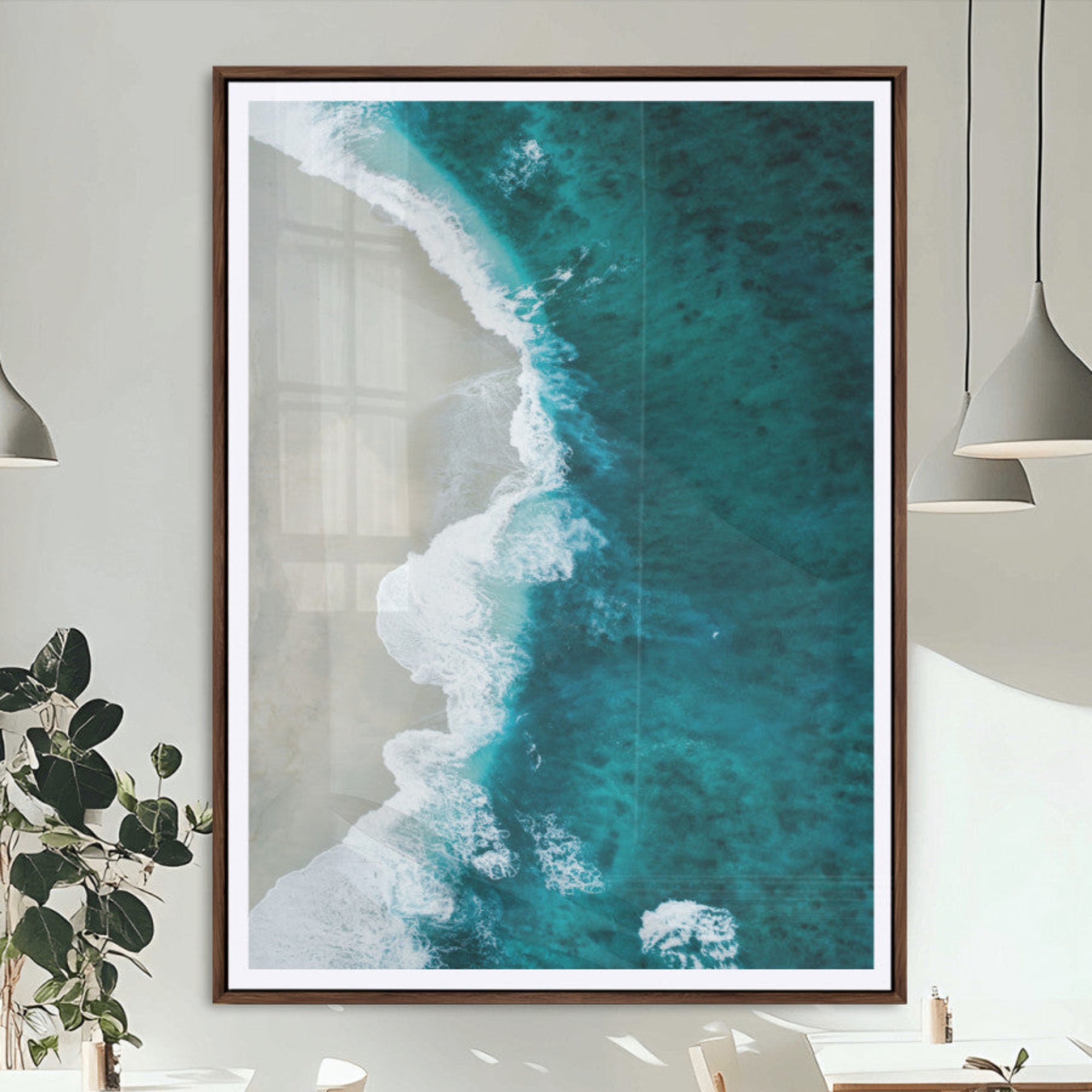 30011717-MGC-FP-24x36_Walnut-Aerial Ocean View Wall Art Canvas Print – Framed Coastal Serenity Turquoise Waves Artwork for Home Office