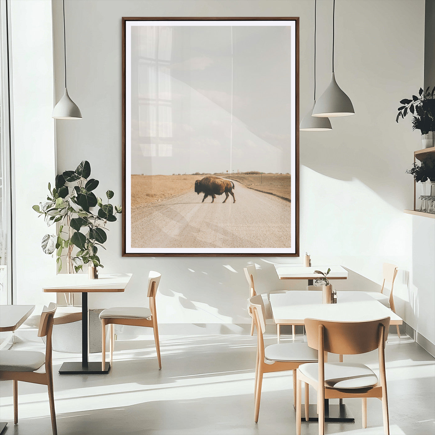 MGC-FP-24x36 - Bison Crossing Wall Art Canvas Print, Framed Western Landscape Art Picture Print, Prairie Road Perfect Modern Ranch Decor Decor Artwork