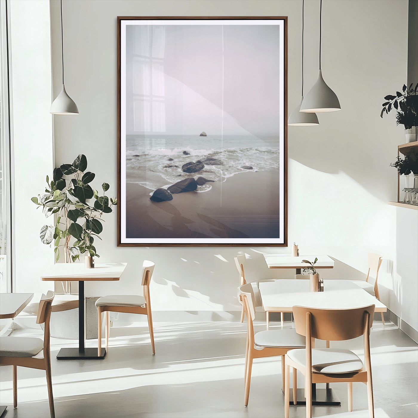 MGC-FP-24x36 - Moody Seascape Wall Art Canvas Print, Framed Neutral Beach Art Picture Print, Foggy Ocean Perfect Minimalist Decor Artwork