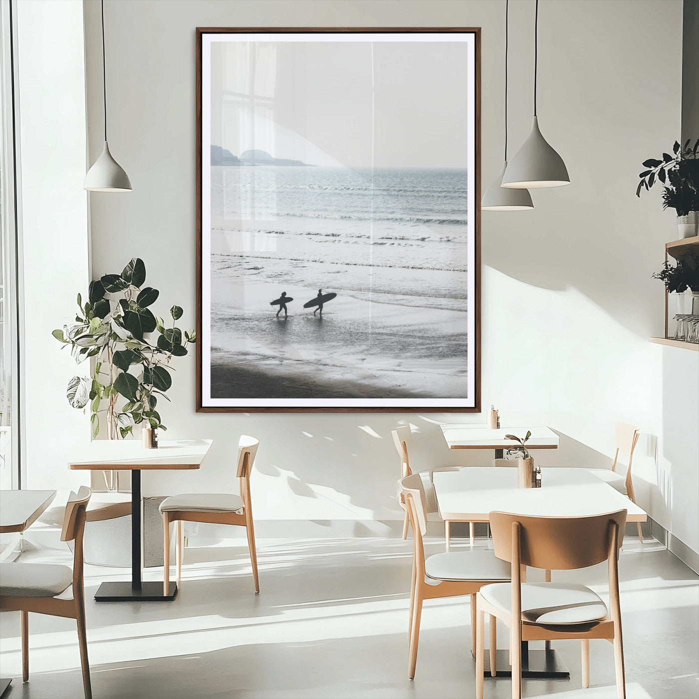 MGC-FP-24x36 - Surfer Silhouettes Wall Art Canvas Print, Framed Minimalist Ocean Art Picture Print, Soft Horizon Perfect Minimalist Coastal Decor Artwork