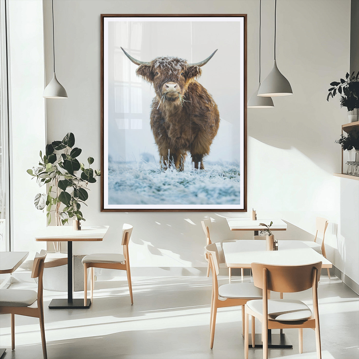 MGC-FP-24x36 - Highland Cow Wall Art Canvas Print, Framed Frosty Grass Art Picture Print, Winter Scene Perfect Rustic Farmhouse Decor Artwork