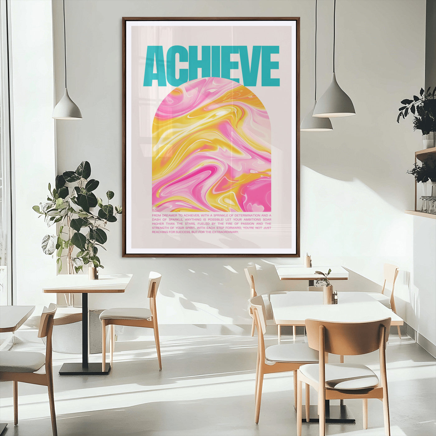 MGC-FP-24x36 - Achieve Motivational Poster Canvas Wall Art – Inspirational Abstract Pink & Yellow Swirls, Positive Quote Decor for Office, Home