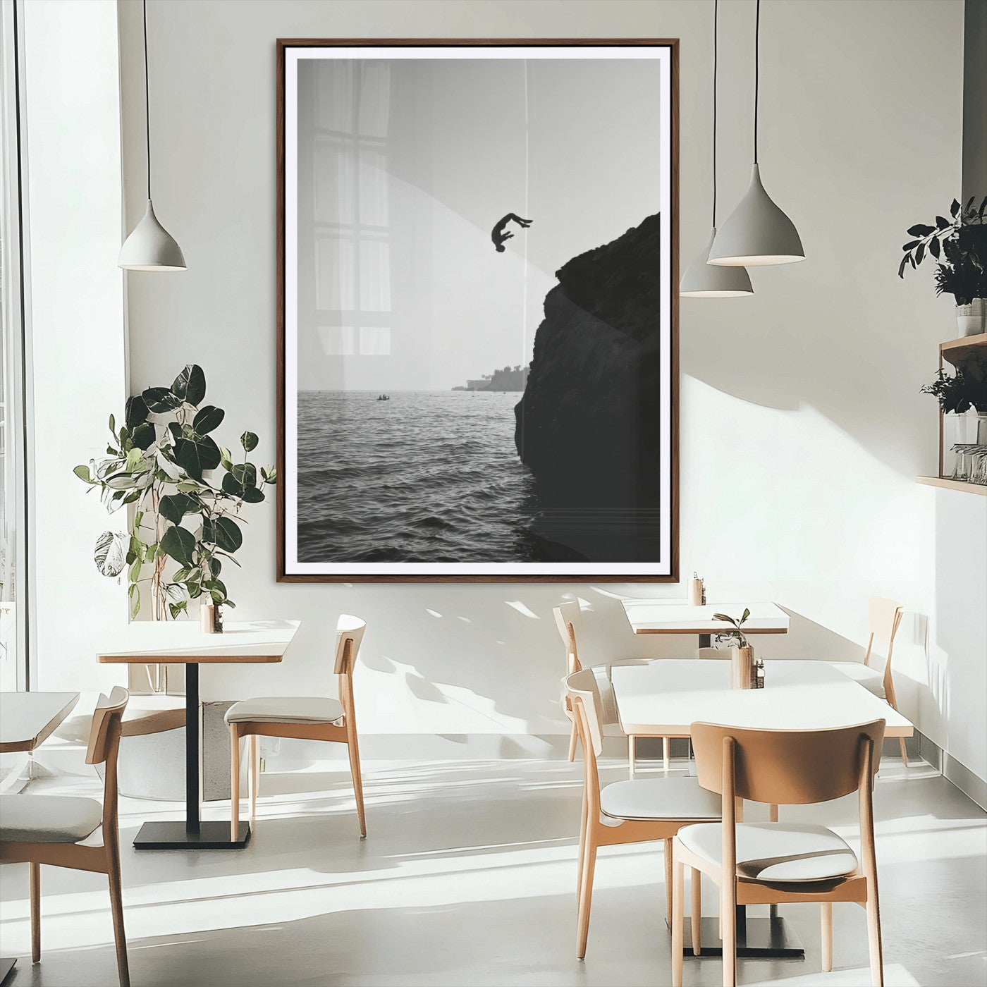 MGC-FP-24x36 - Silhouette Cliff Diver Canvas Wall Art – Black and White Ocean Jump, Monochrome Adventure Decor,