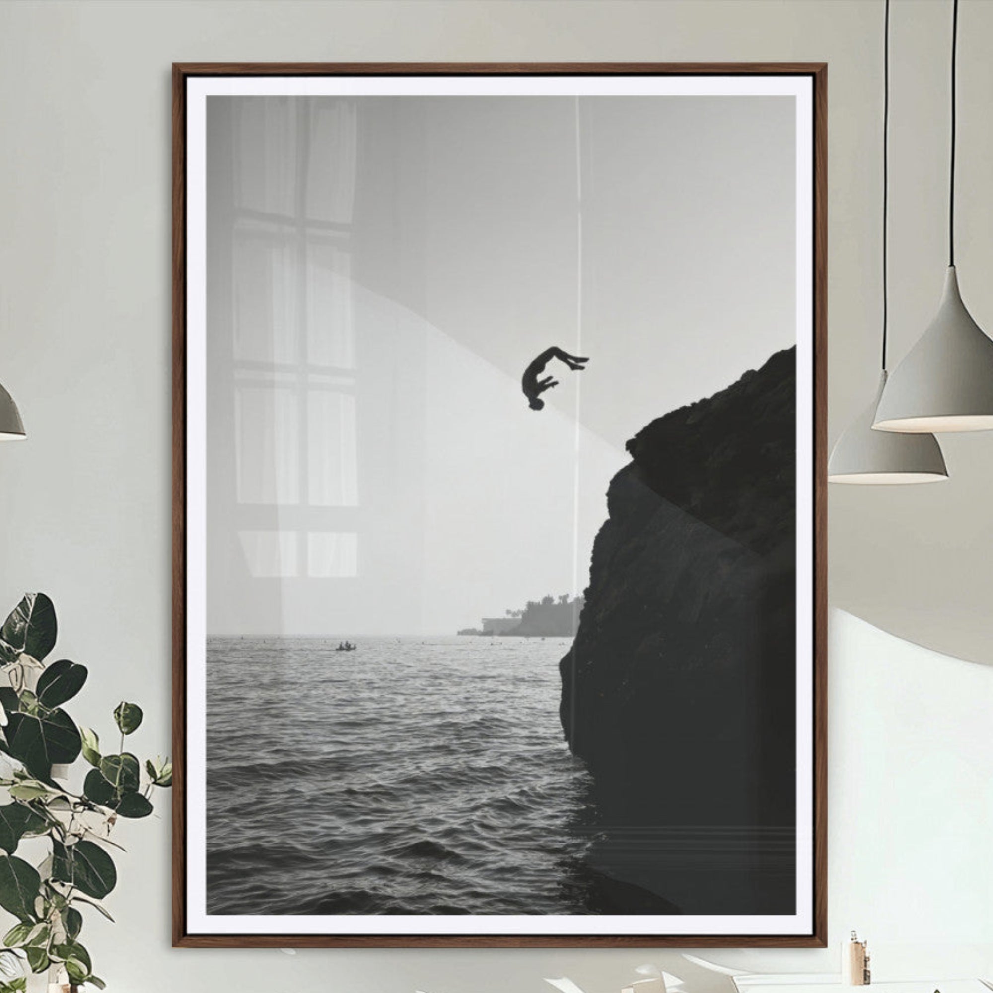MGC-FP-24x36 - Silhouette Cliff Diver Canvas Wall Art – Black and White Ocean Jump, Monochrome Adventure Decor,