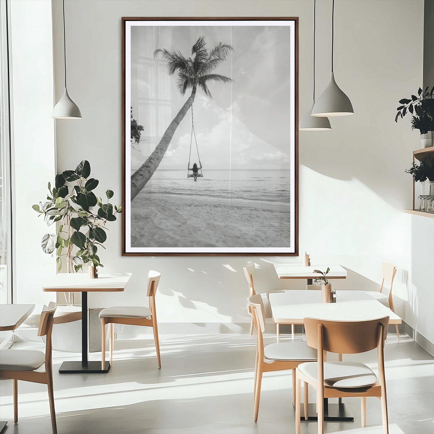 MGC-FP-24x36 - Black and White Palm Tree Swing Canvas Wall Art – Serene Ocean View, Monochrome Tropical Decor,