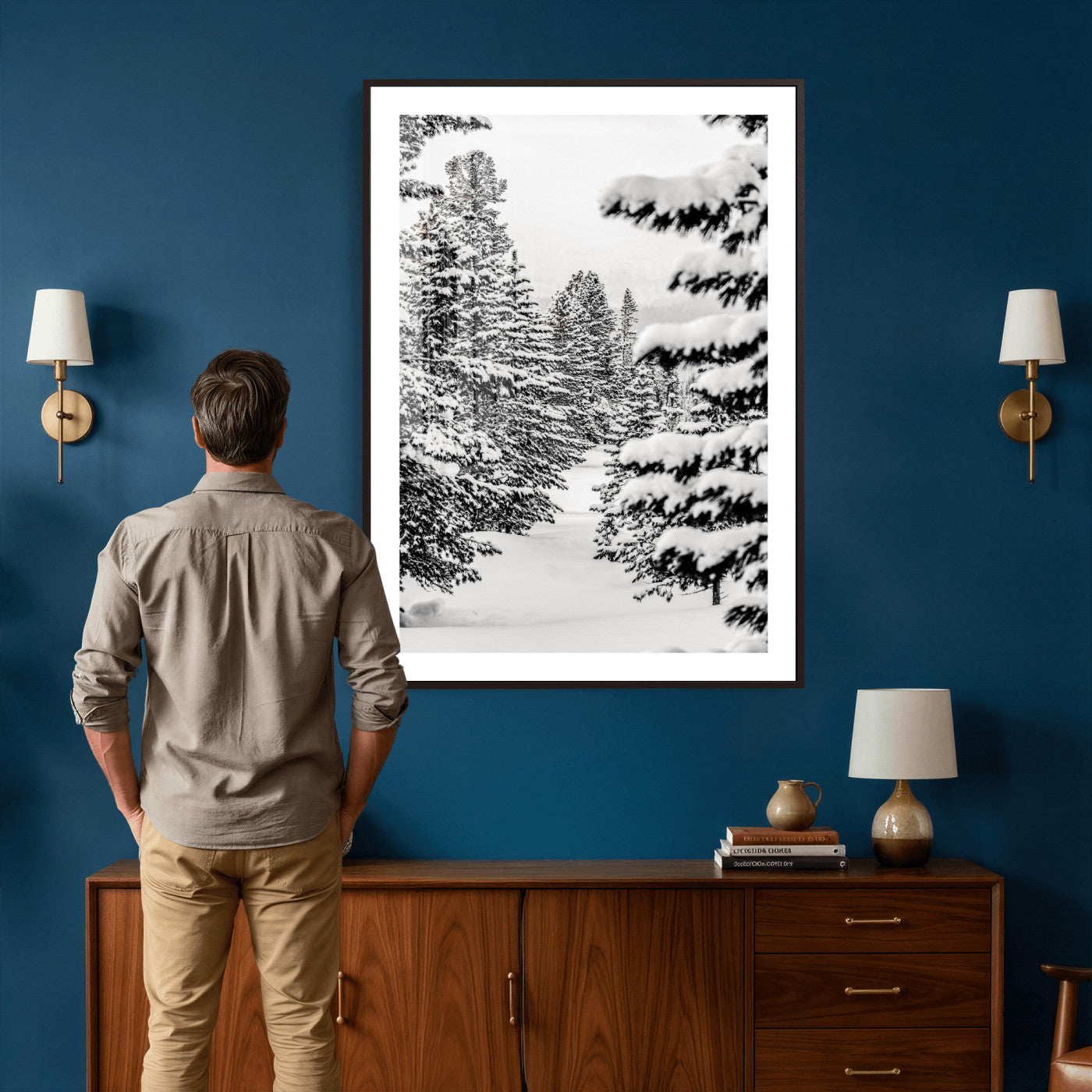 42534505-MGV-CV-24X36 - Snowy Pine Forest Wall Art Canvas Print, Minimal Winter Woodland Landscape, Black and White Nature Artwork