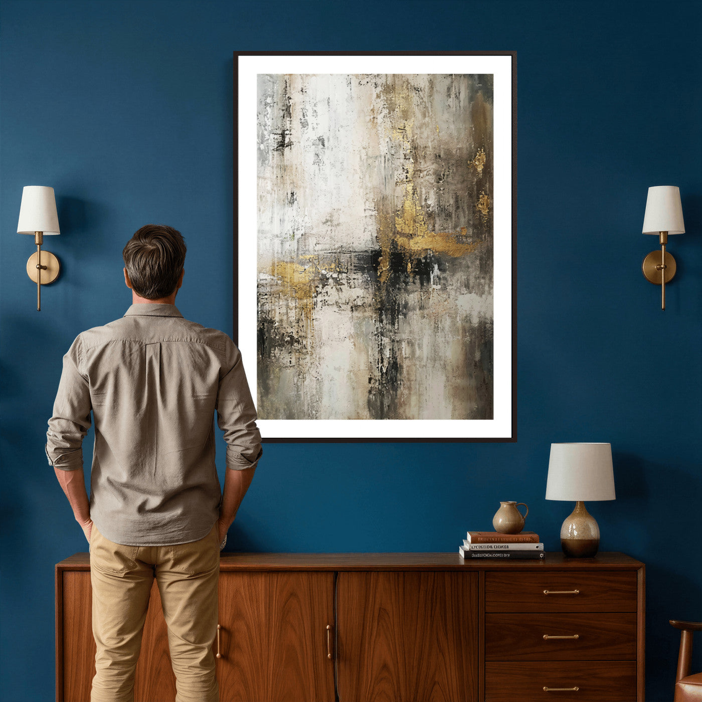 381262454-MGV-CV-24X36 - Framed Abstract Wall Art Canvas Print, Gold Black Modern Architecture Canvas Print, Contemporary Moody City Artwork for Living Room Decor