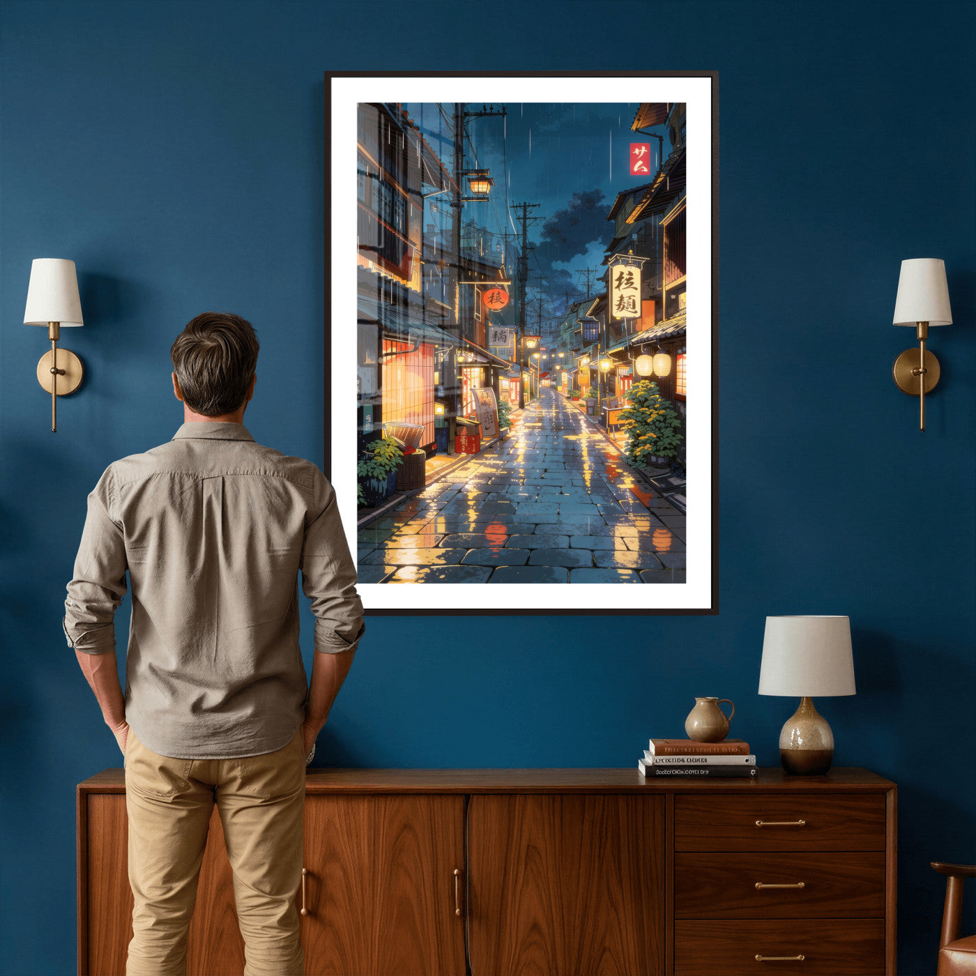 4712069J1-MGV-CV-24X36 - Tokyo Tea House Canvas Wall Art — Japan Rainy Night Street Print | Anime Style Decor | Japanese Tea House Art | Tokyo City Gift