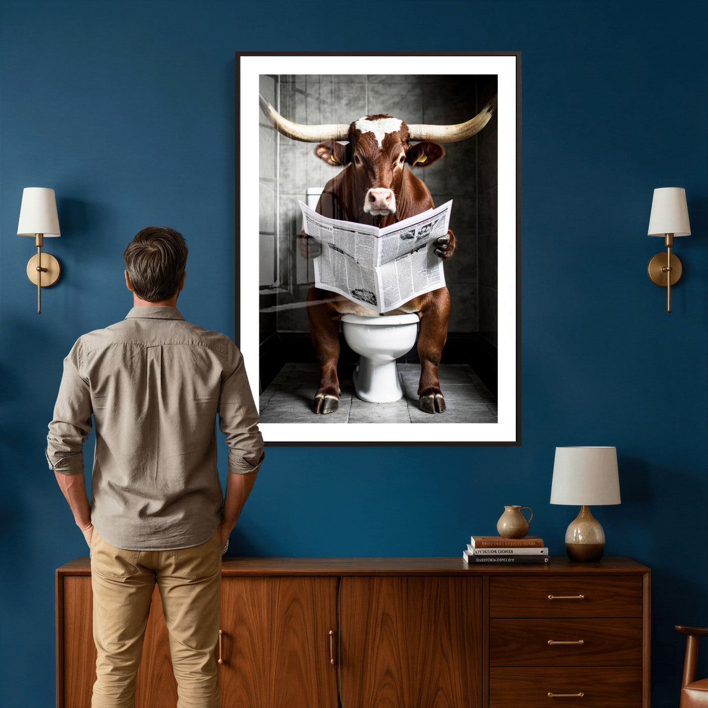 69808726-MGV-CV-24X36 - Texas Longhorn Cow Toilet Paper Canvas Wall Art, Funny Bathroom Black White Print, Cute Animal Humor Decor, Quirky Farmhouse Bathroom Art, Cow Lover Gift