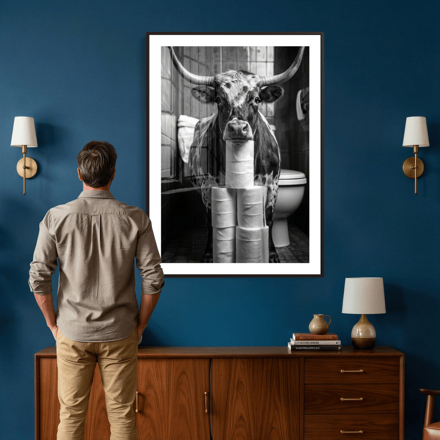 79259956-MGV-CV-24X36 - Texas Longhorn Cow Toilet Paper Canvas Wall Art, Funny Bathroom Black White Print, Cute Animal Humor Decor, Quirky Farmhouse Bathroom Art, Cow Lover Gift